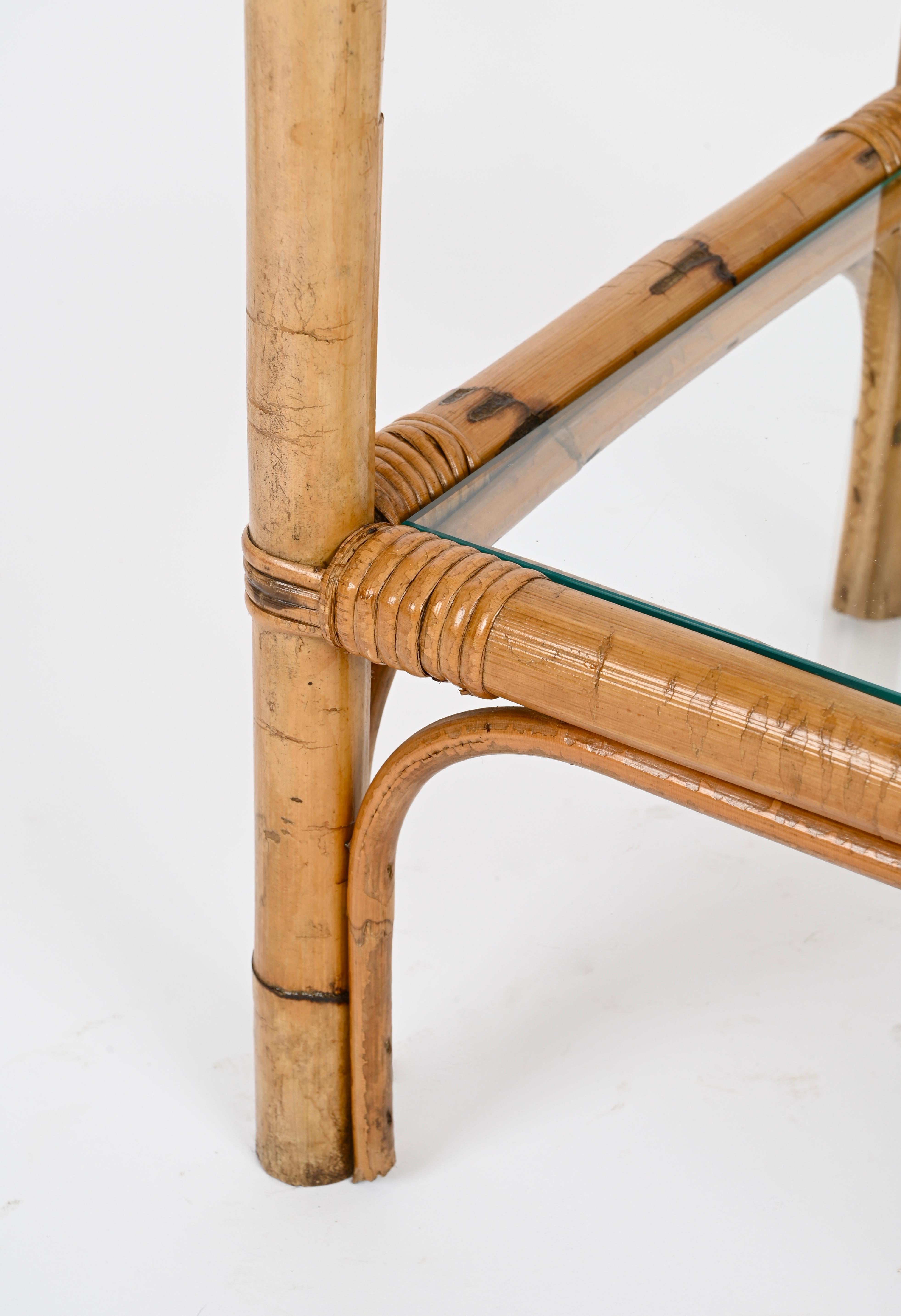 Mid-Century Two Tier Side Square Table, Glass and Bamboo, Italy, 1970s For Sale 7