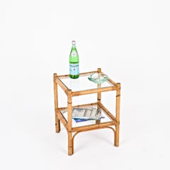 Mid-Century Two Tier Side Square Table, Glass and Bamboo, Italy, 1970s