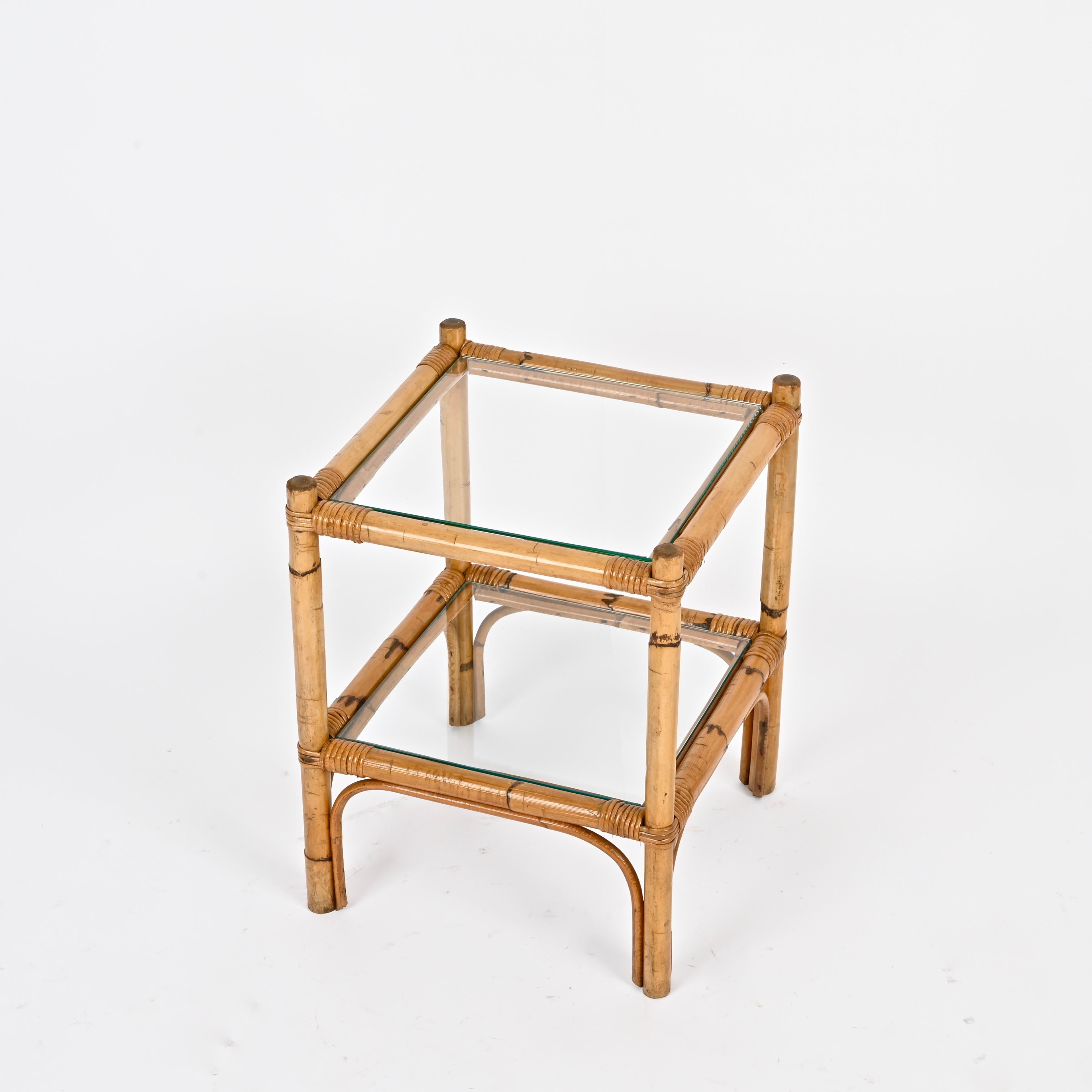Mid-Century Modern Mid-Century Two Tier Side Square Table, Glass and Bamboo, Italy, 1970s For Sale