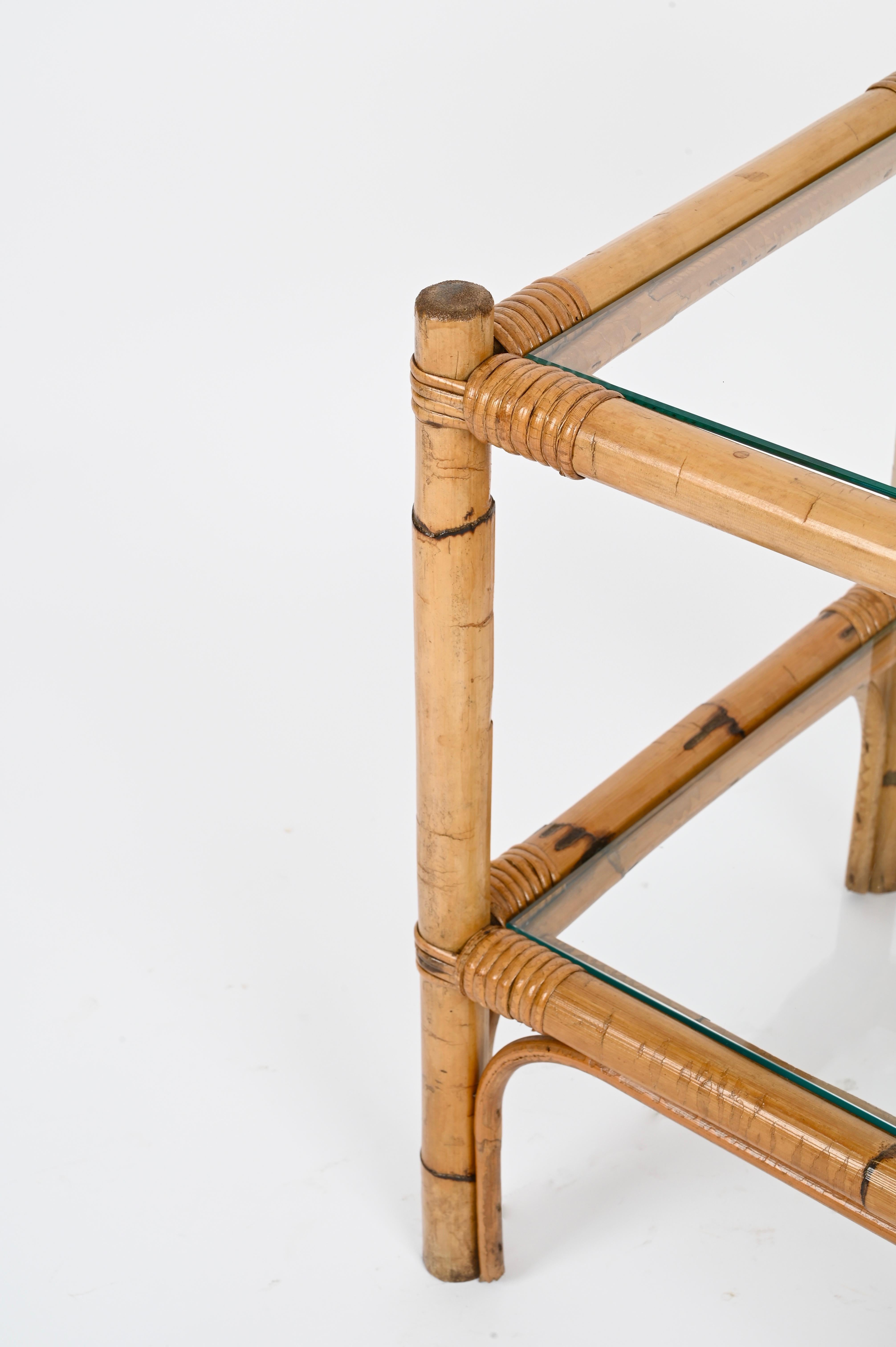 Italian Mid-Century Two Tier Side Square Table, Glass and Bamboo, Italy, 1970s For Sale