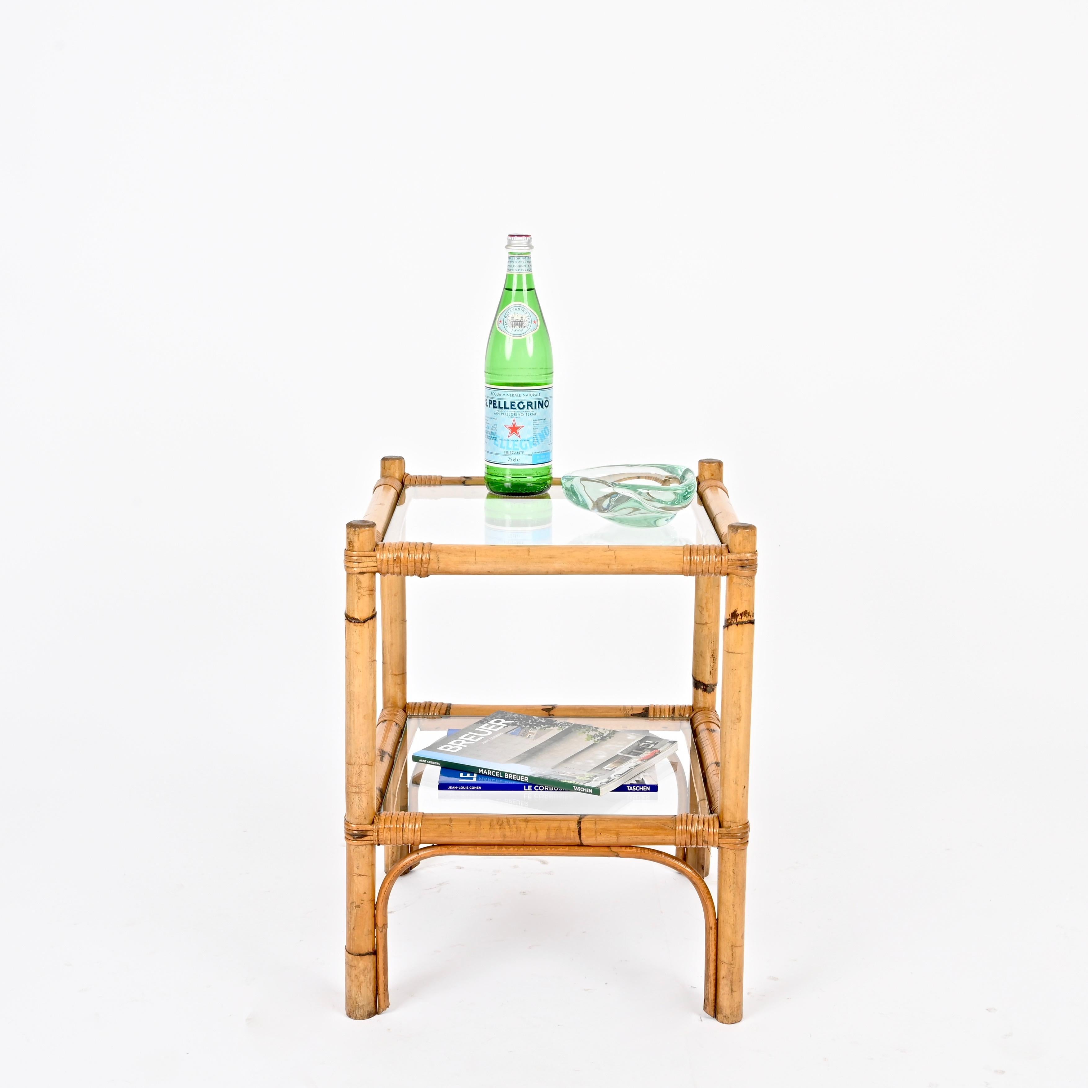 Mid-Century Two Tier Side Square Table, Glass and Bamboo, Italy, 1970s In Good Condition For Sale In Roma, IT