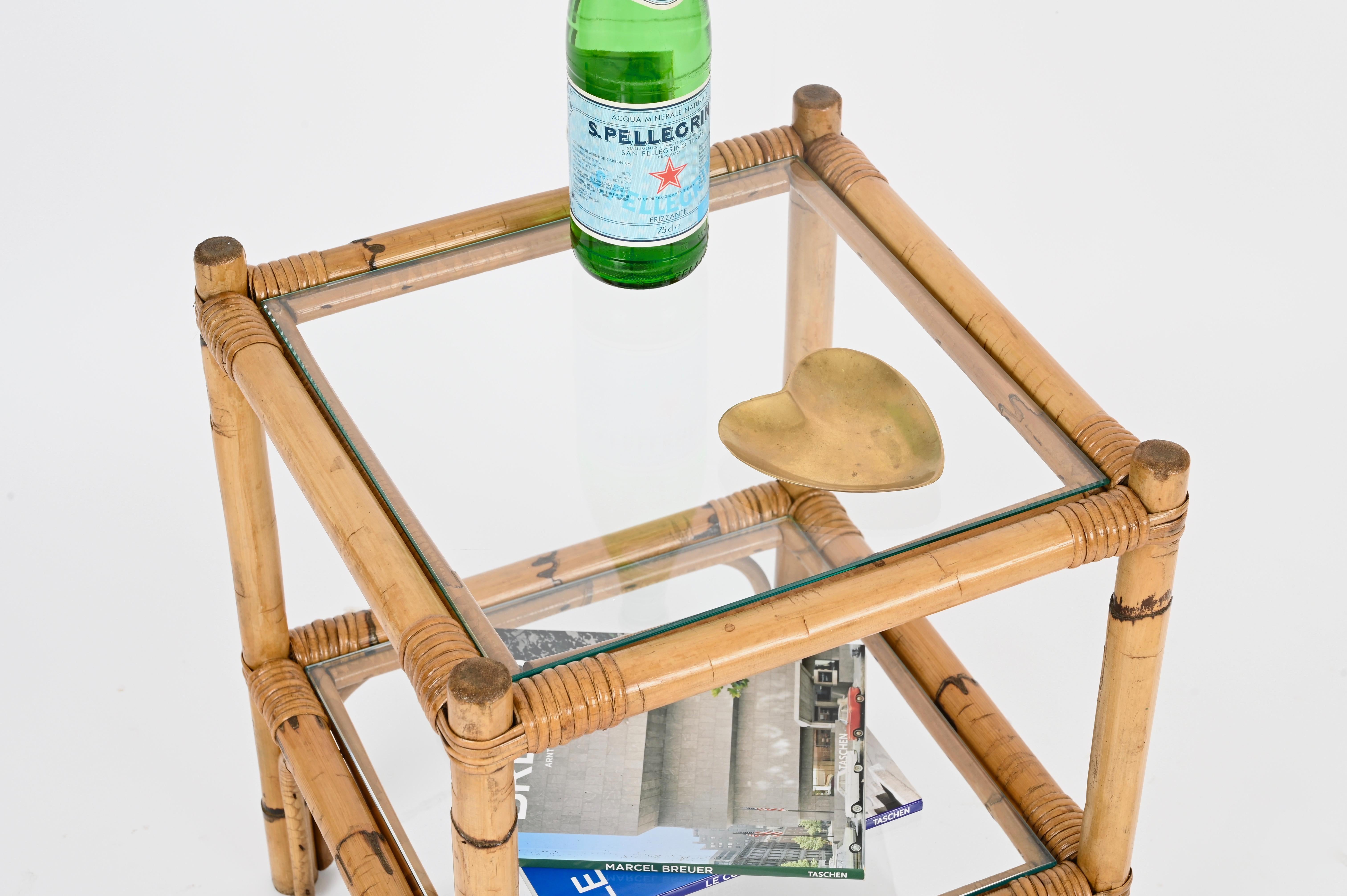 20th Century Mid-Century Two Tier Side Square Table, Glass and Bamboo, Italy, 1970s For Sale