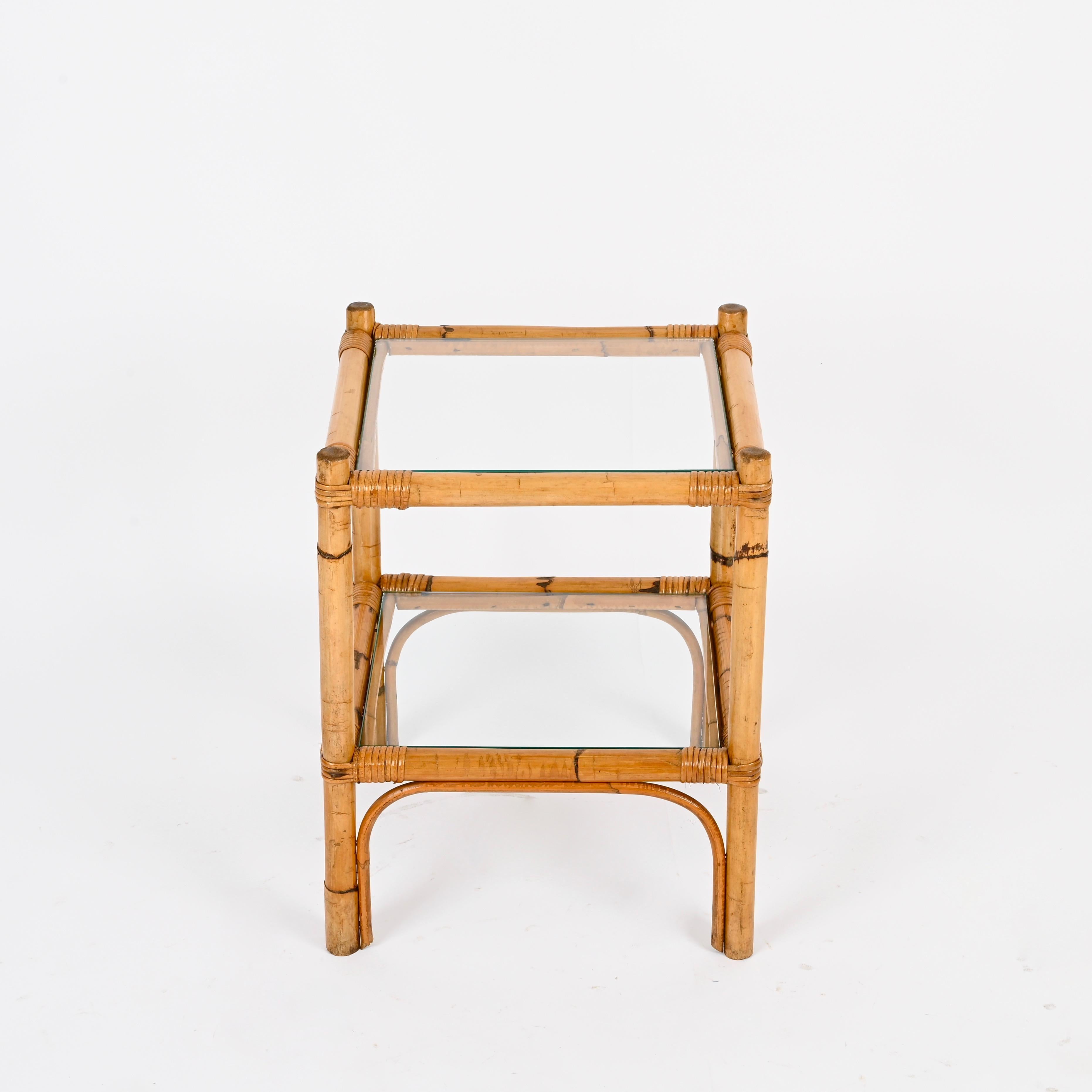 Mid-Century Two Tier Side Square Table, Glass and Bamboo, Italy, 1970s For Sale 1