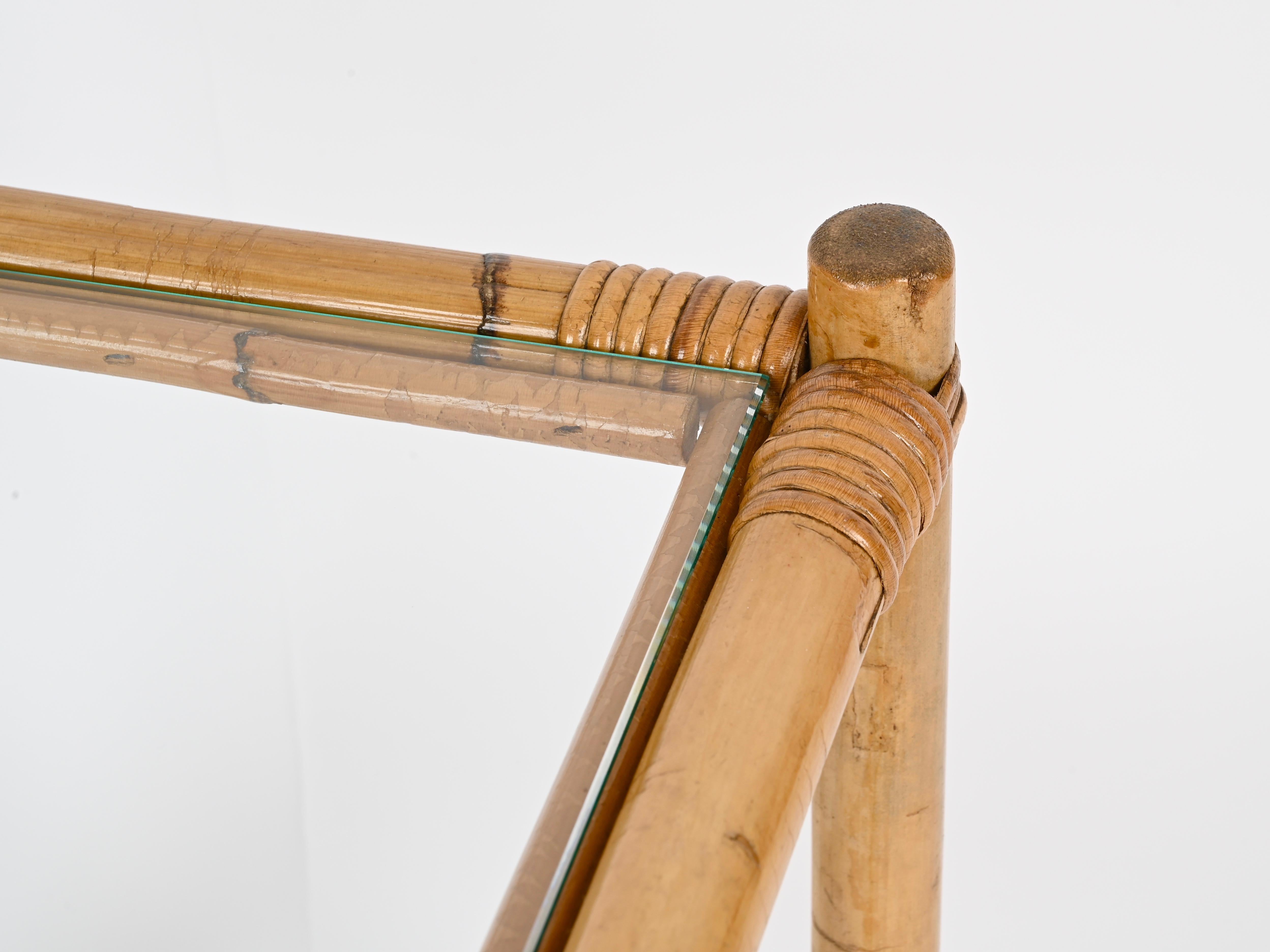 Mid-Century Two Tier Side Square Table, Glass and Bamboo, Italy, 1970s For Sale 2