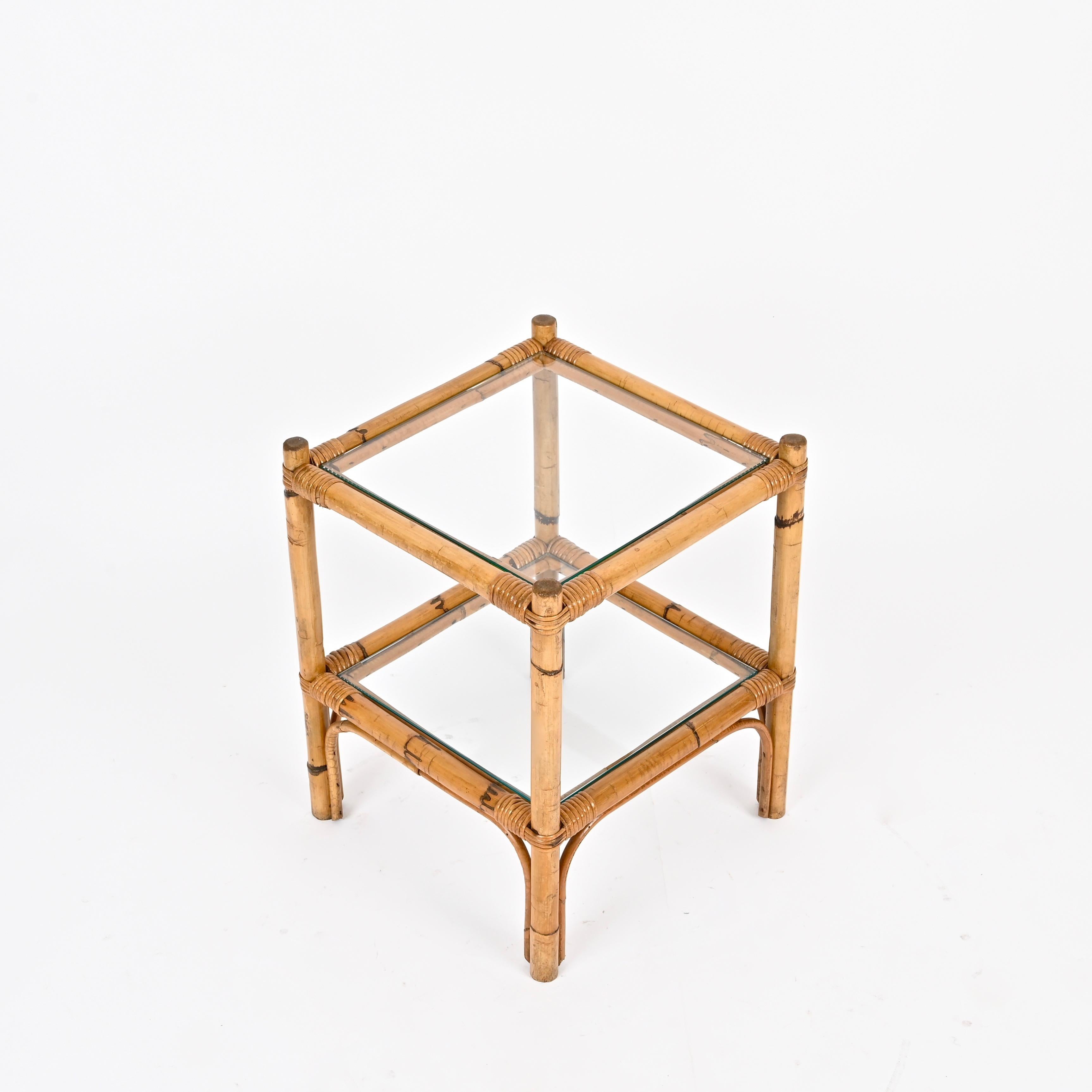 Mid-Century Two Tier Side Square Table, Glass and Bamboo, Italy, 1970s For Sale 3