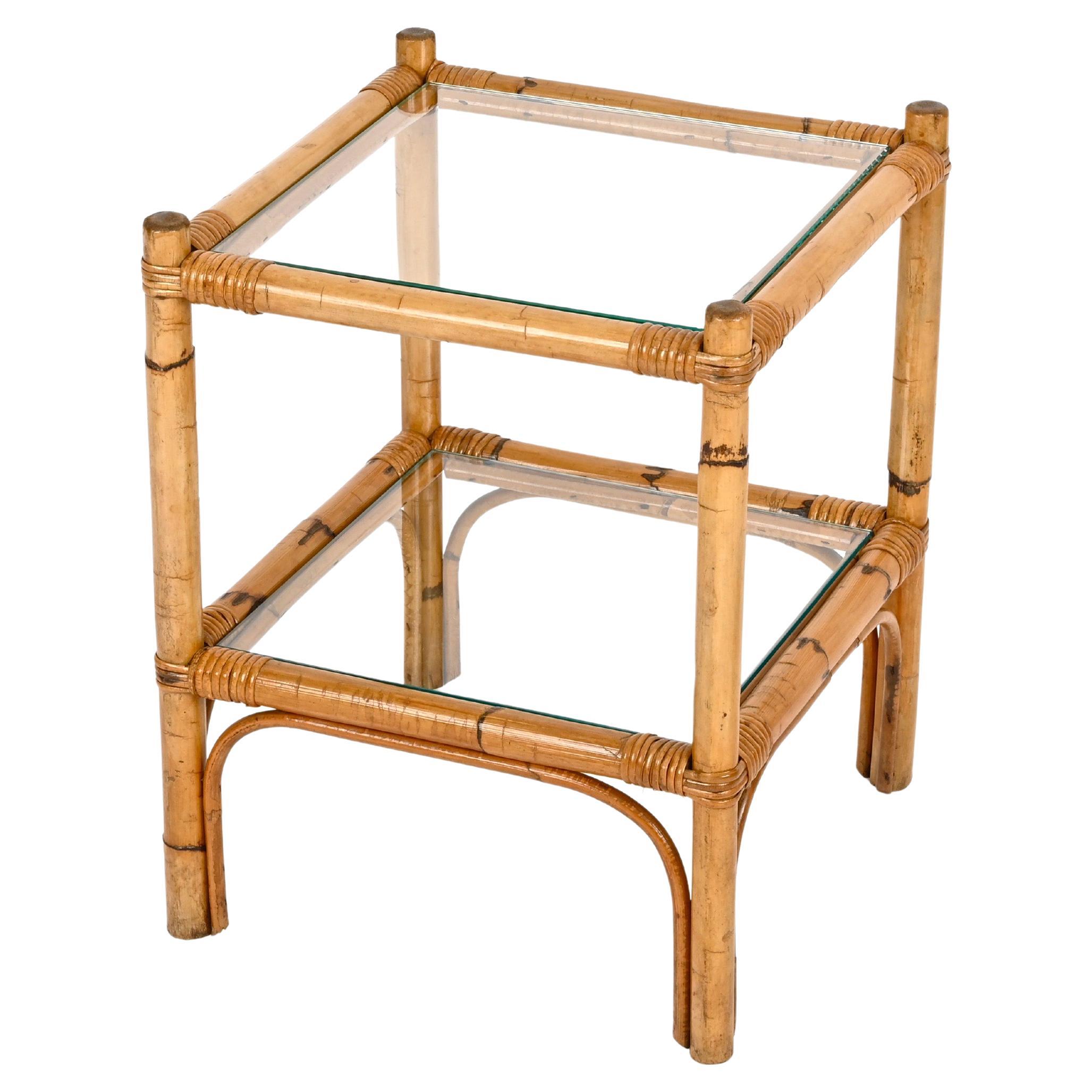 Mid-Century Two Tier Side Square Table, Glass and Bamboo, Italy, 1970s For Sale