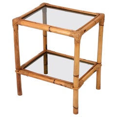 Mid-Century Two Tier Side Table, Smoked Glass and Bamboo, Italy, 1970s