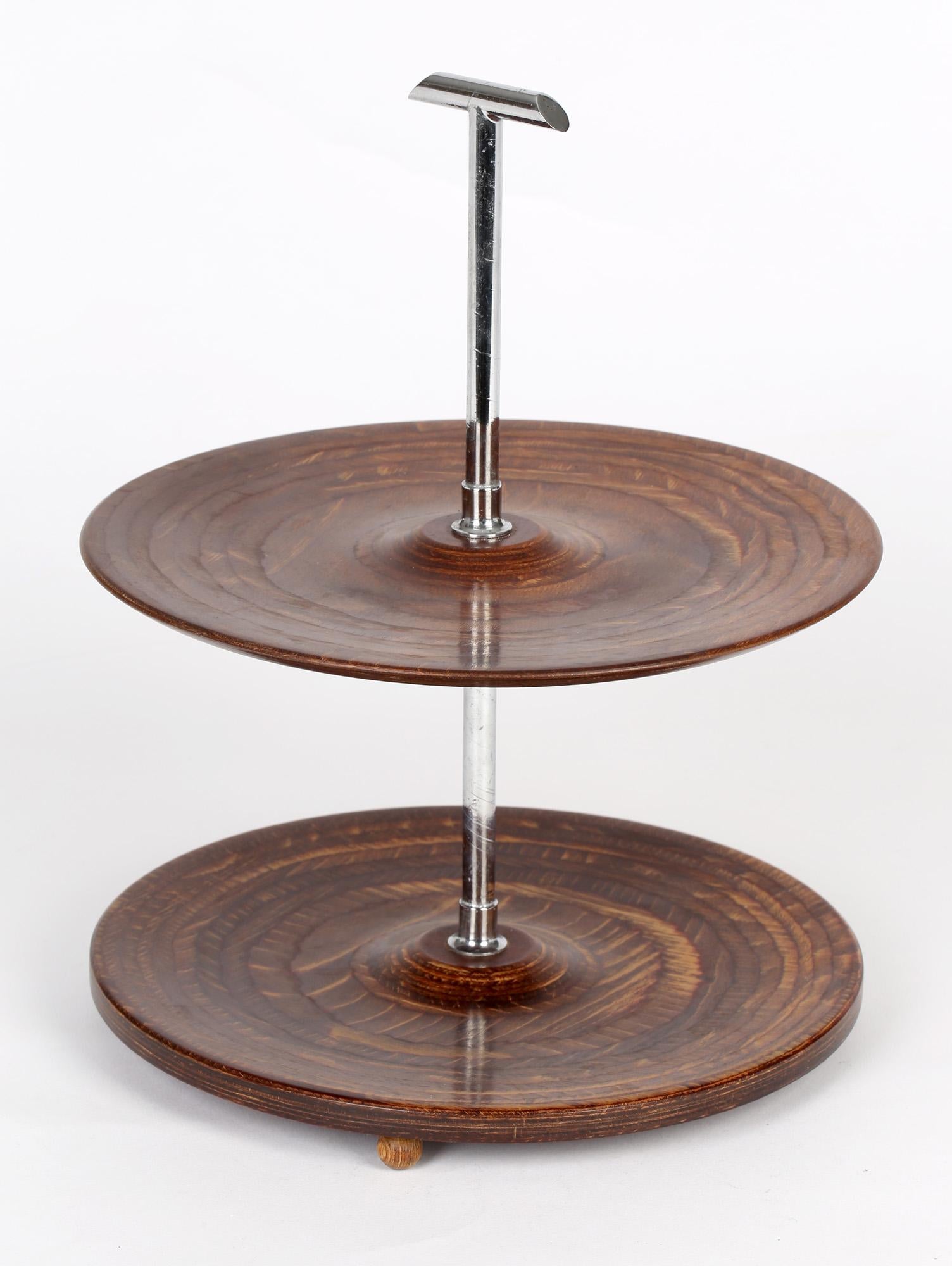20th Century Mid-Century Two Tier Walnut and Chrome Cake Stand For Sale