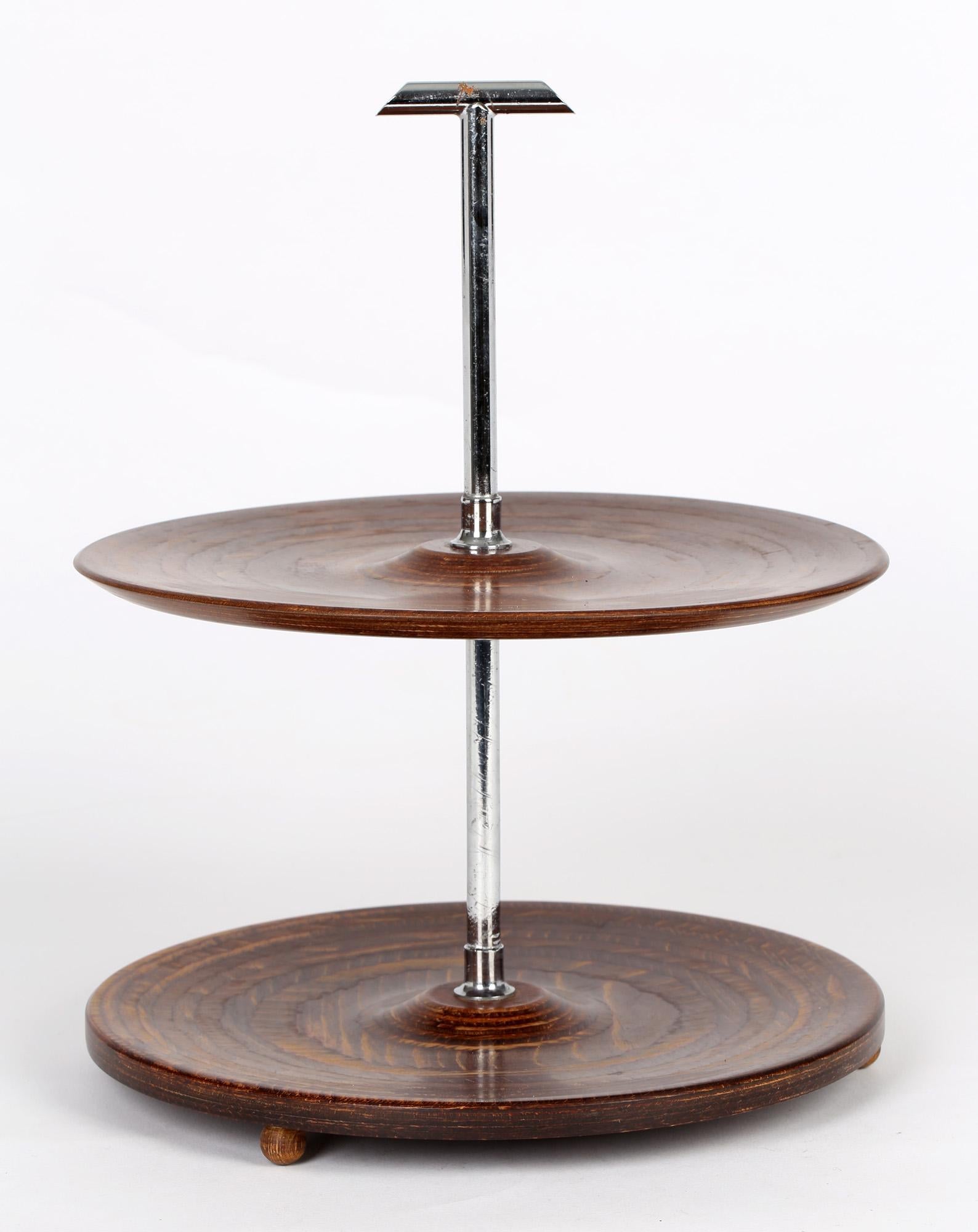 Wood Mid-Century Two Tier Walnut and Chrome Cake Stand For Sale