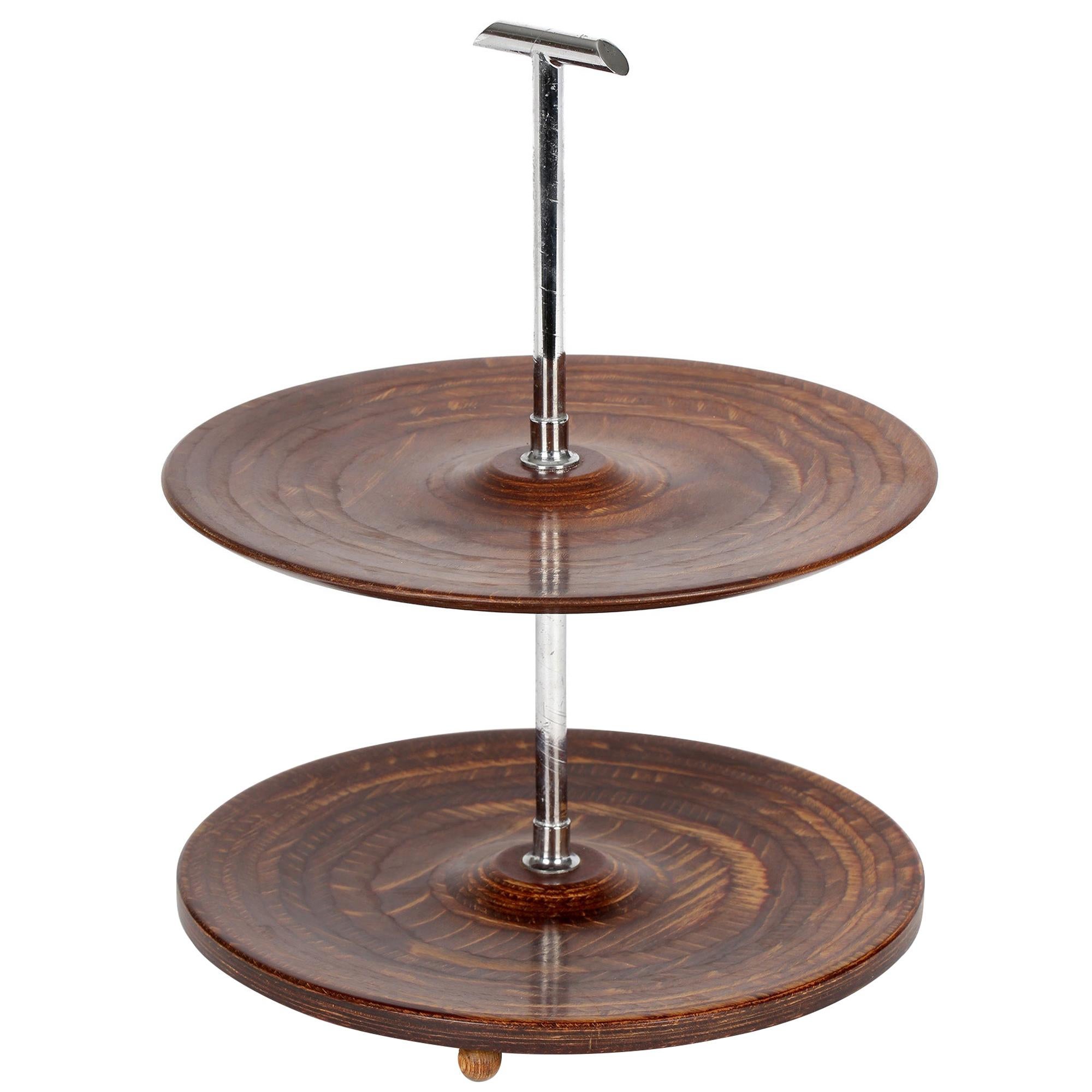 Mid-Century Two Tier Walnut and Chrome Cake Stand For Sale