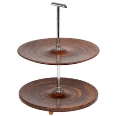 Mid-Century Two Tier Walnut and Chrome Cake Stand