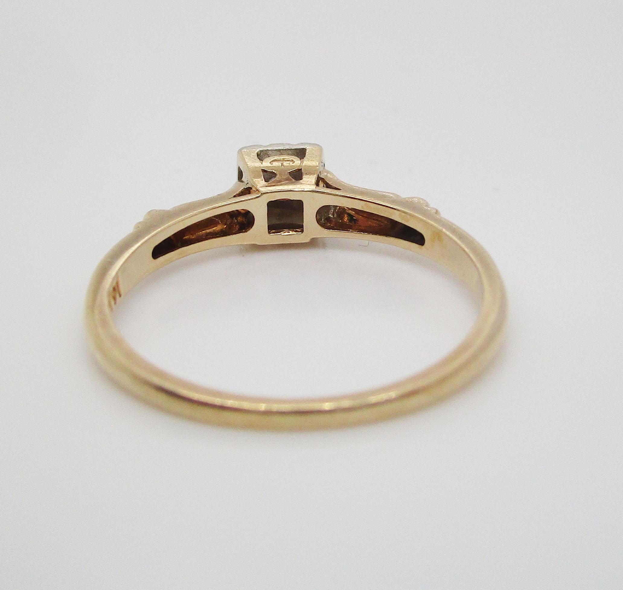 Midcentury Two-Tone 14 Karat Gold Single Cut Diamond Engagement Ring 4