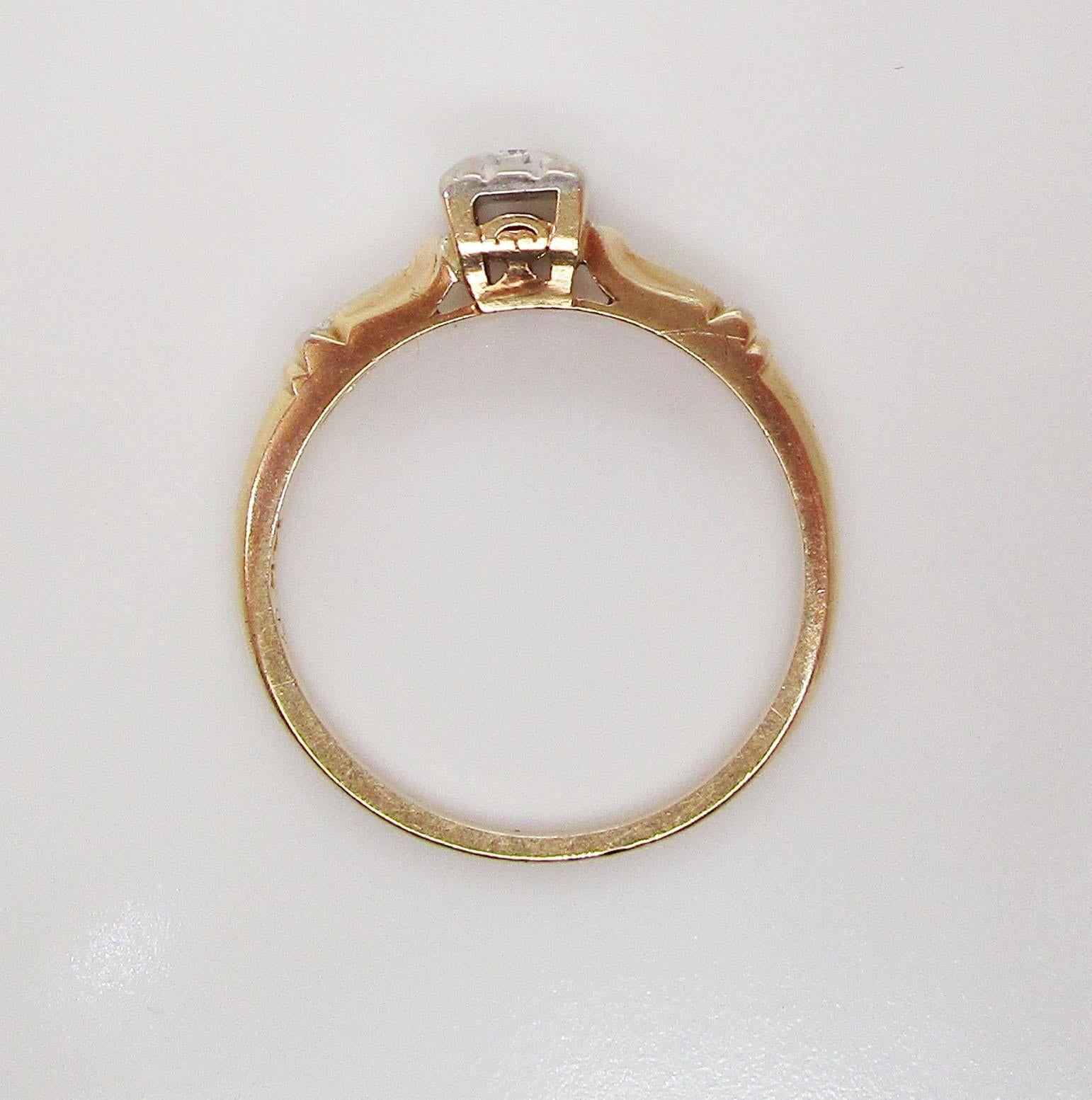 Midcentury Two-Tone 14 Karat Gold Single Cut Diamond Engagement Ring 5