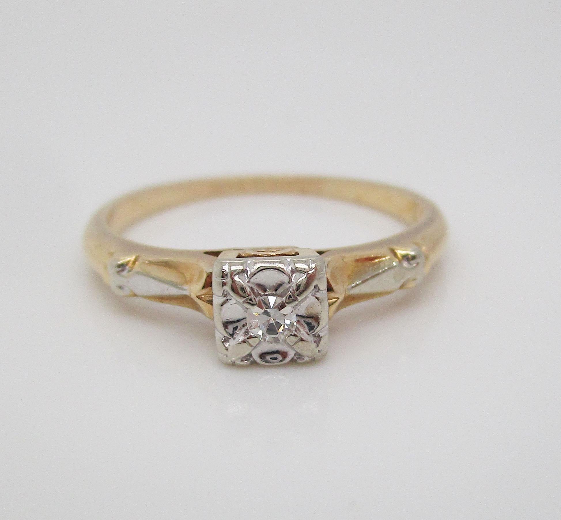 Women's Midcentury Two-Tone 14 Karat Gold Single Cut Diamond Engagement Ring