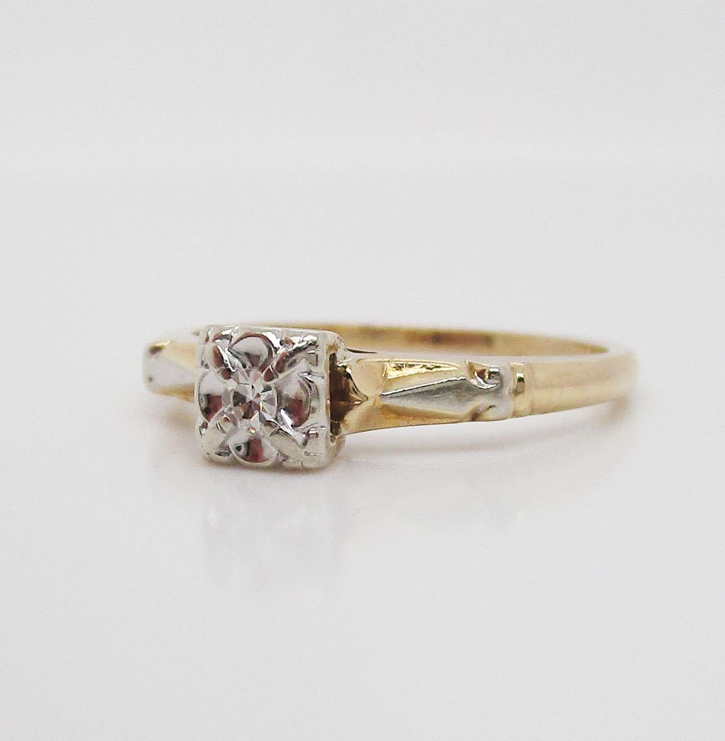 Midcentury Two-Tone 14 Karat Gold Single Cut Diamond Engagement Ring 1