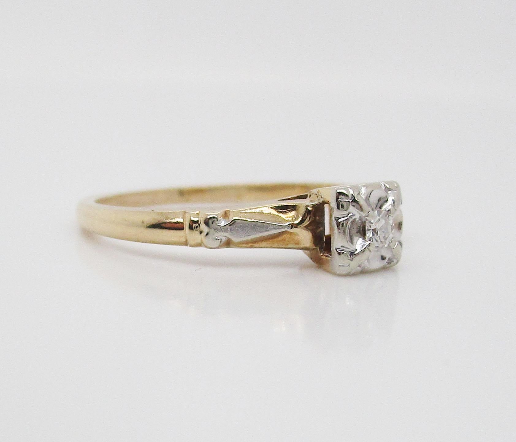 Midcentury Two-Tone 14 Karat Gold Single Cut Diamond Engagement Ring 2