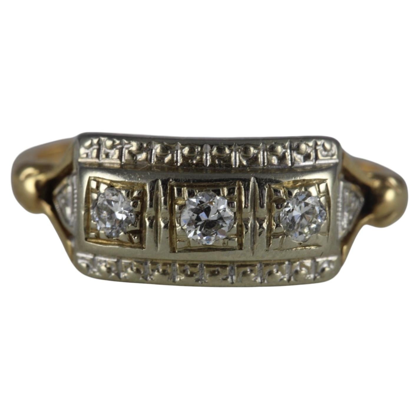 Mid-Century Two-Tone 14K Gold Three Stone Diamond Ring