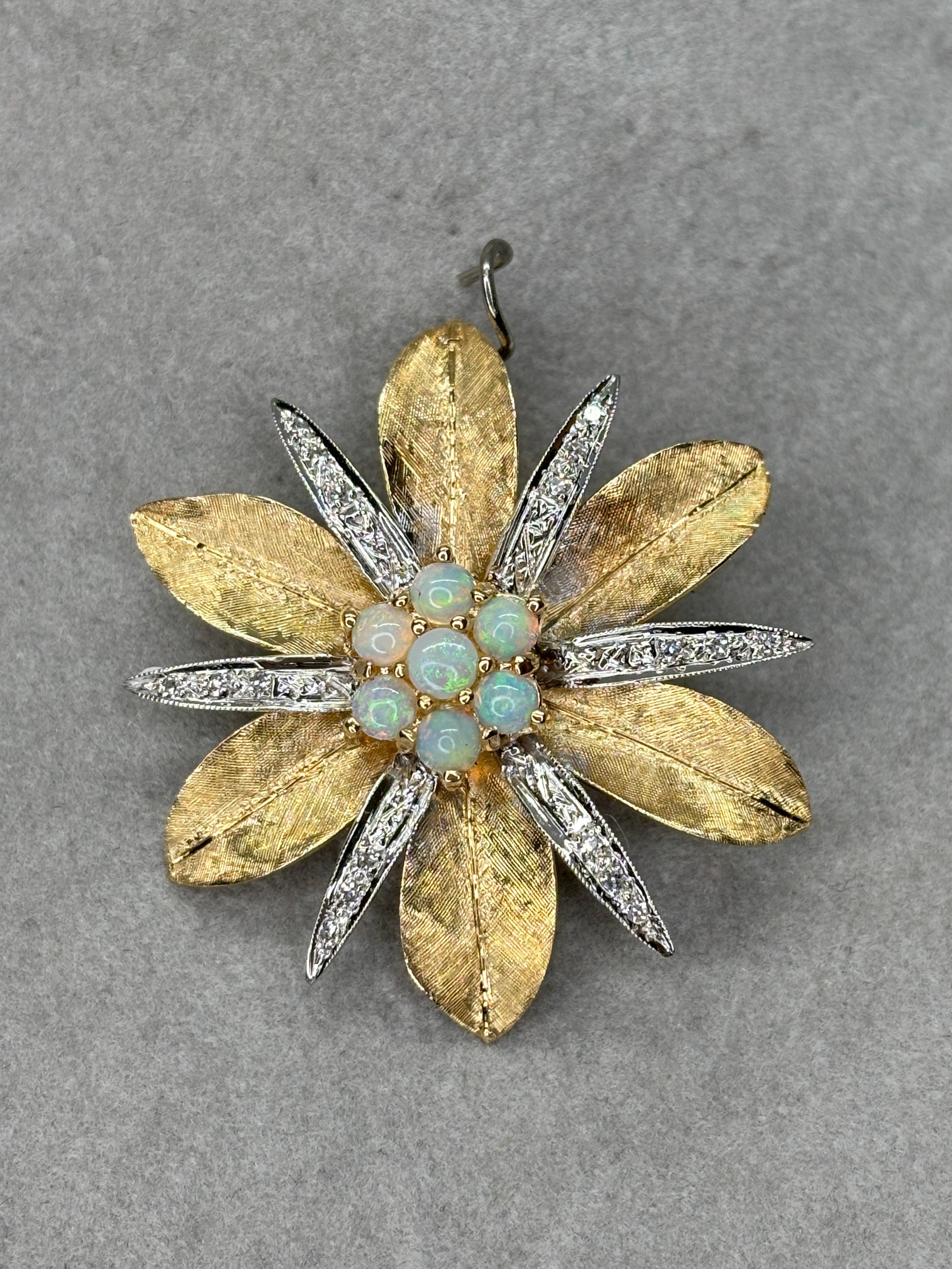 Mid Century Two Tone Gold Opal Diamond Star-Shaped Pendant 14k Gold For Sale 8