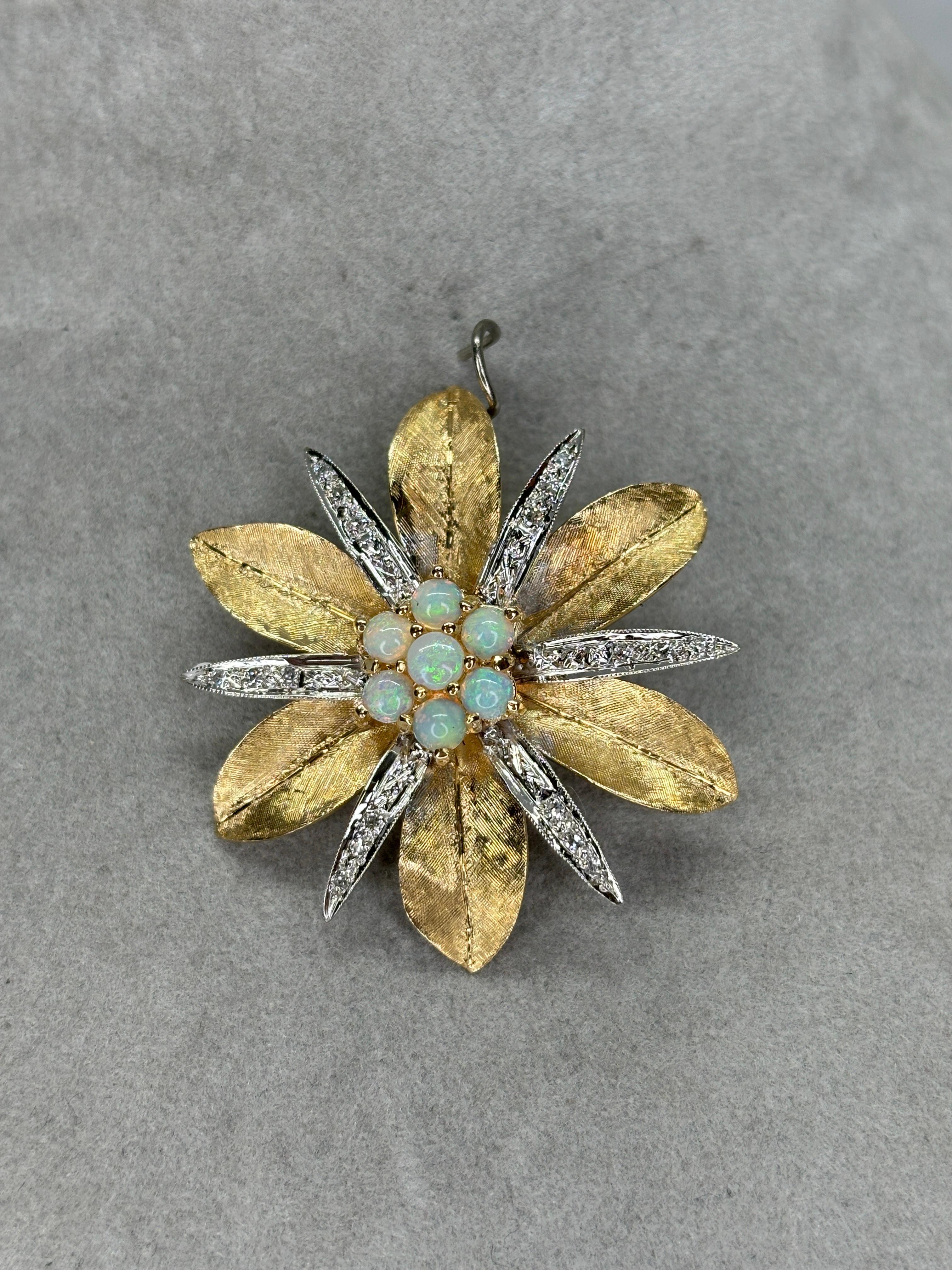 Mid Century Two Tone Gold Opal Diamond Star-Shaped Pendant 14k Gold For Sale 9