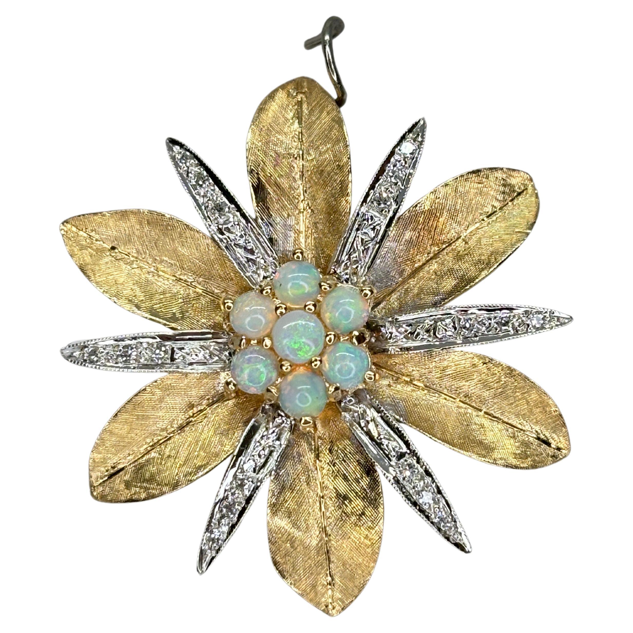 Brilliant Cut Mid Century Two Tone Gold Opal Diamond Star-Shaped Pendant 14k Gold For Sale