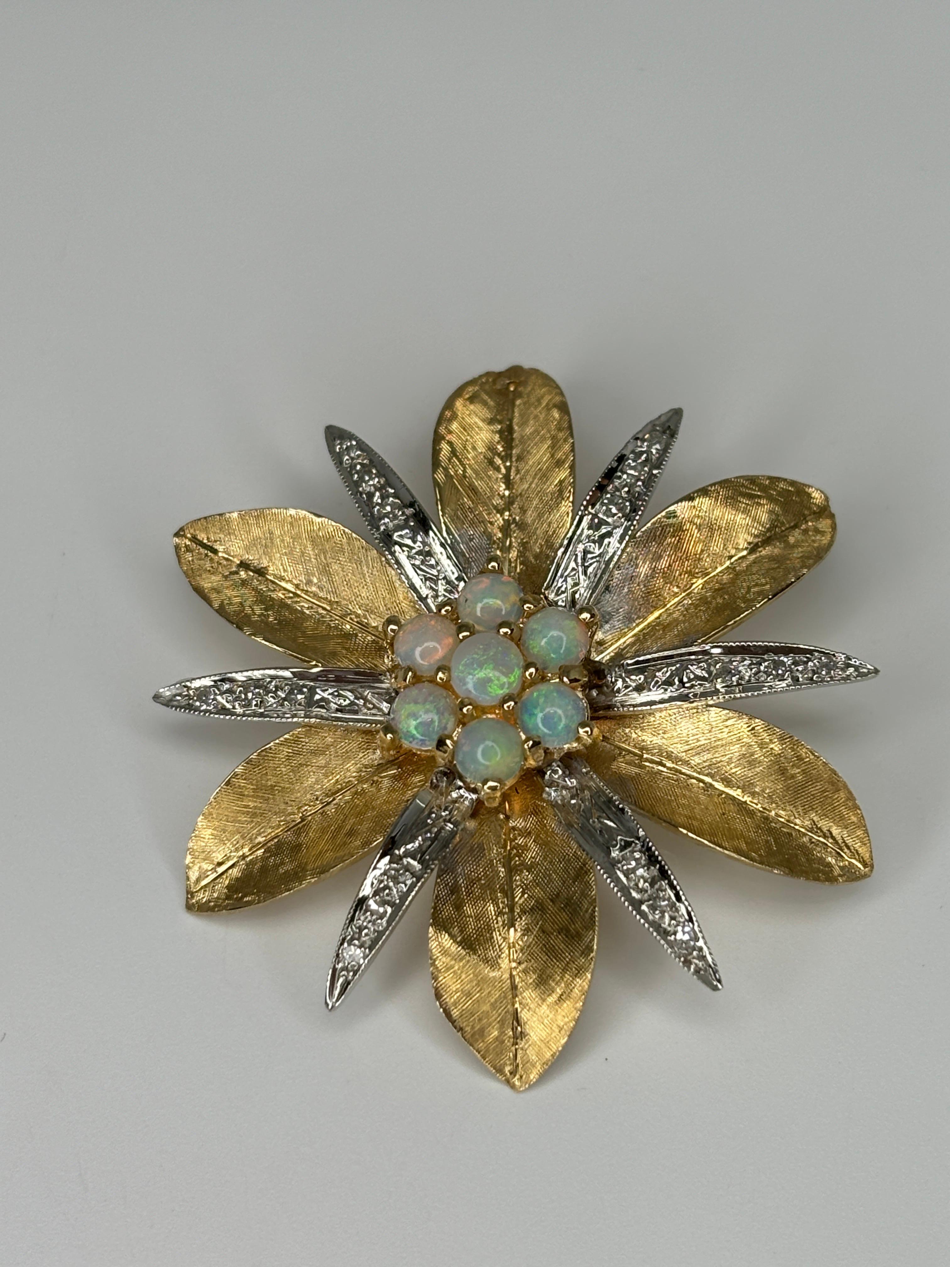 Women's or Men's Mid Century Two Tone Gold Opal Diamond Star-Shaped Pendant 14k Gold For Sale