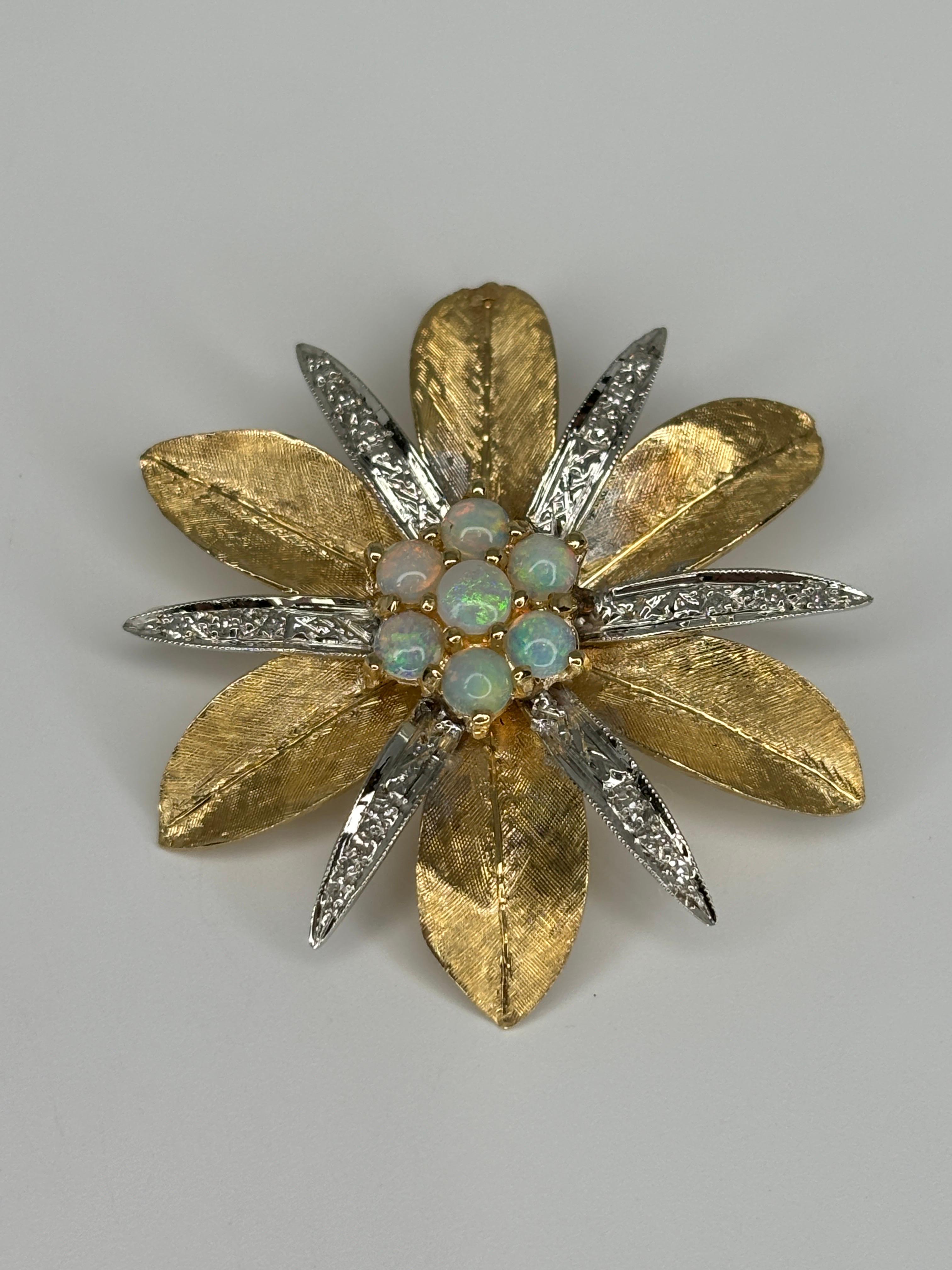 Mid Century Two Tone Gold Opal Diamond Star-Shaped Pendant 14k Gold For Sale 1