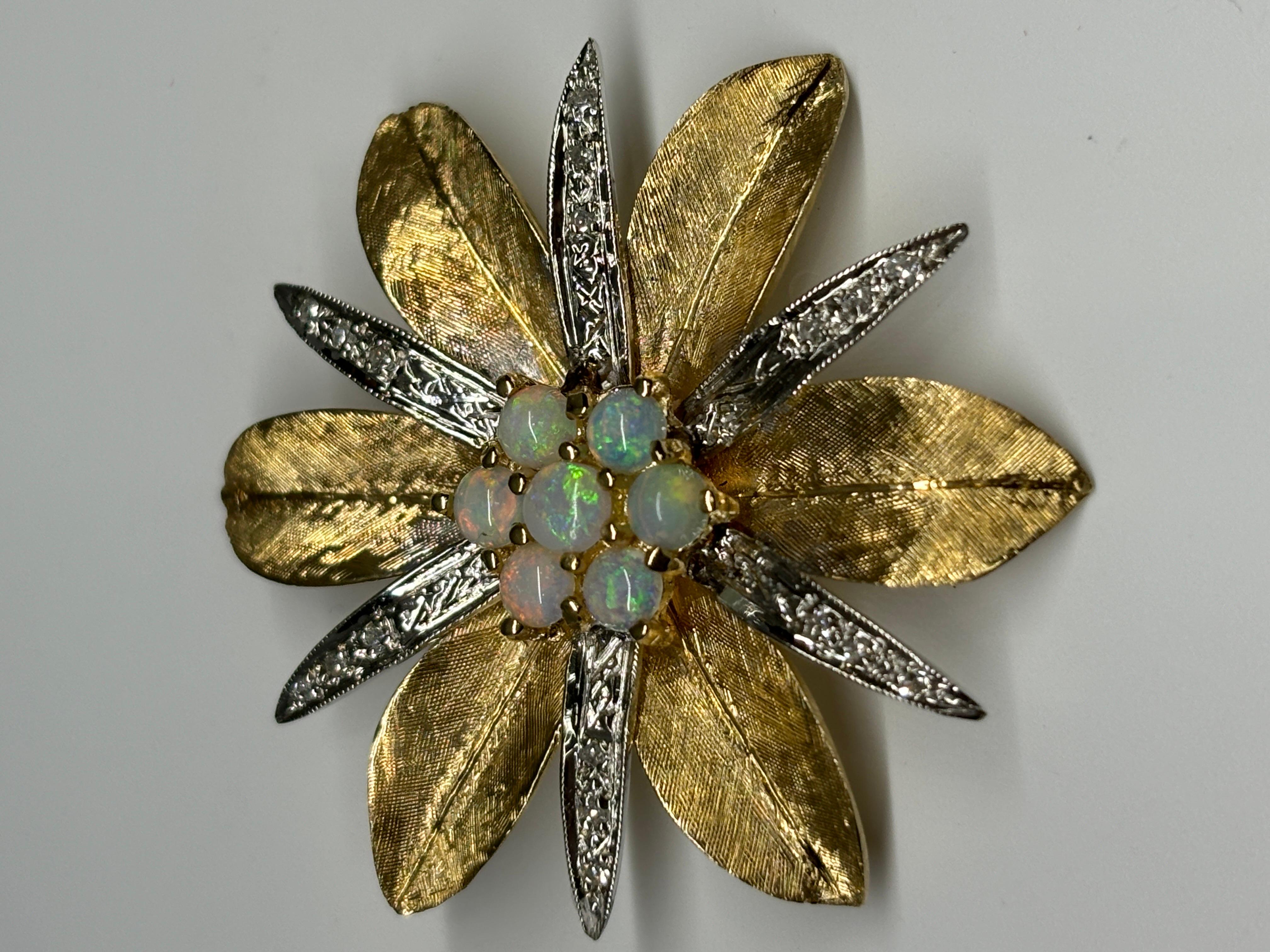 Mid Century Two Tone Gold Opal Diamond Star-Shaped Pendant 14k Gold For Sale 2