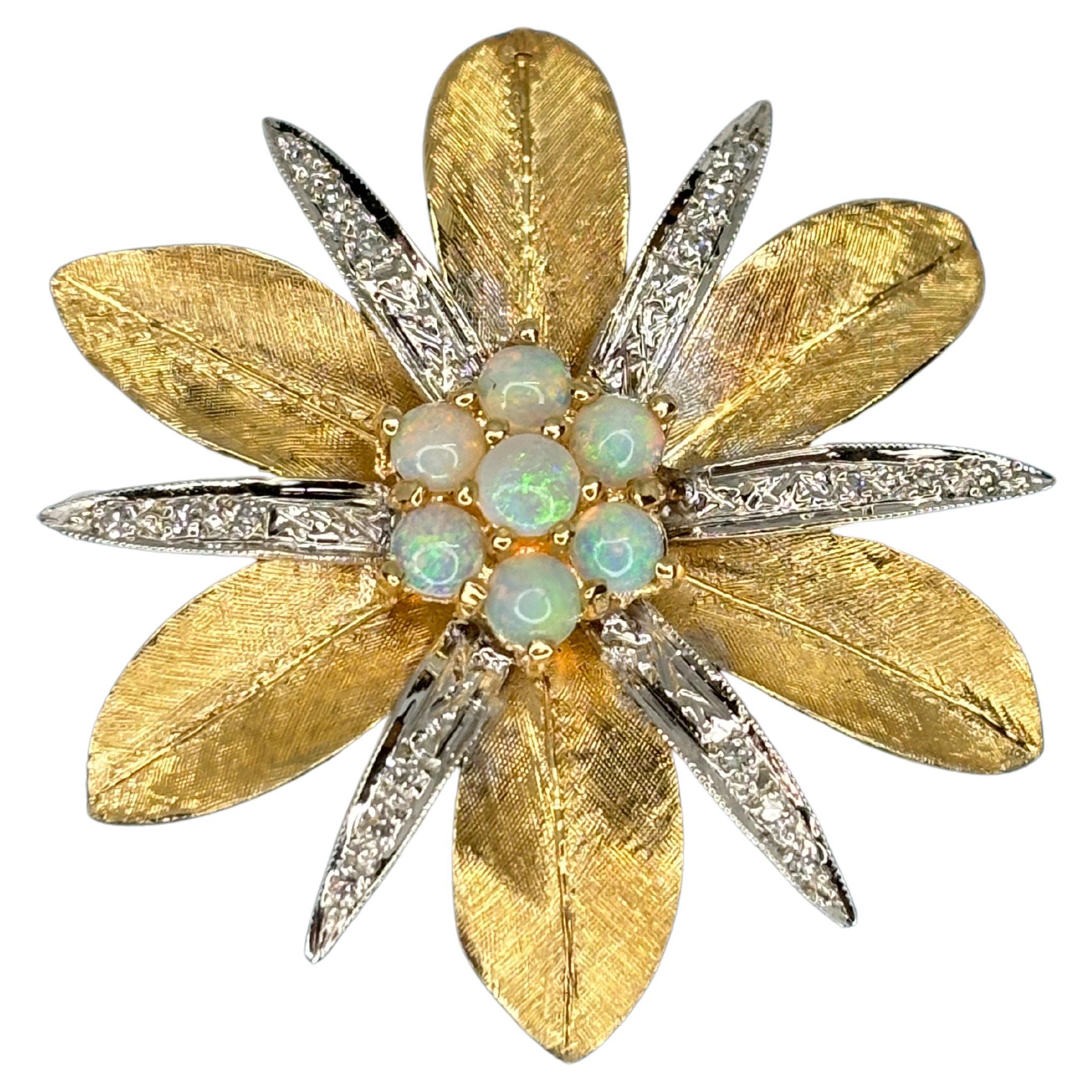 Mid Century Two Tone Gold Opal Diamond Star-Shaped Pendant 14k Gold