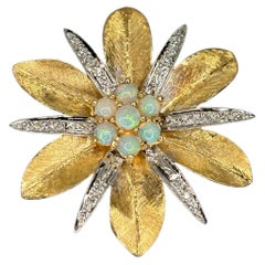 Mid Century Two Tone Gold Opal Diamond Star-Shaped Pendant 14k Gold