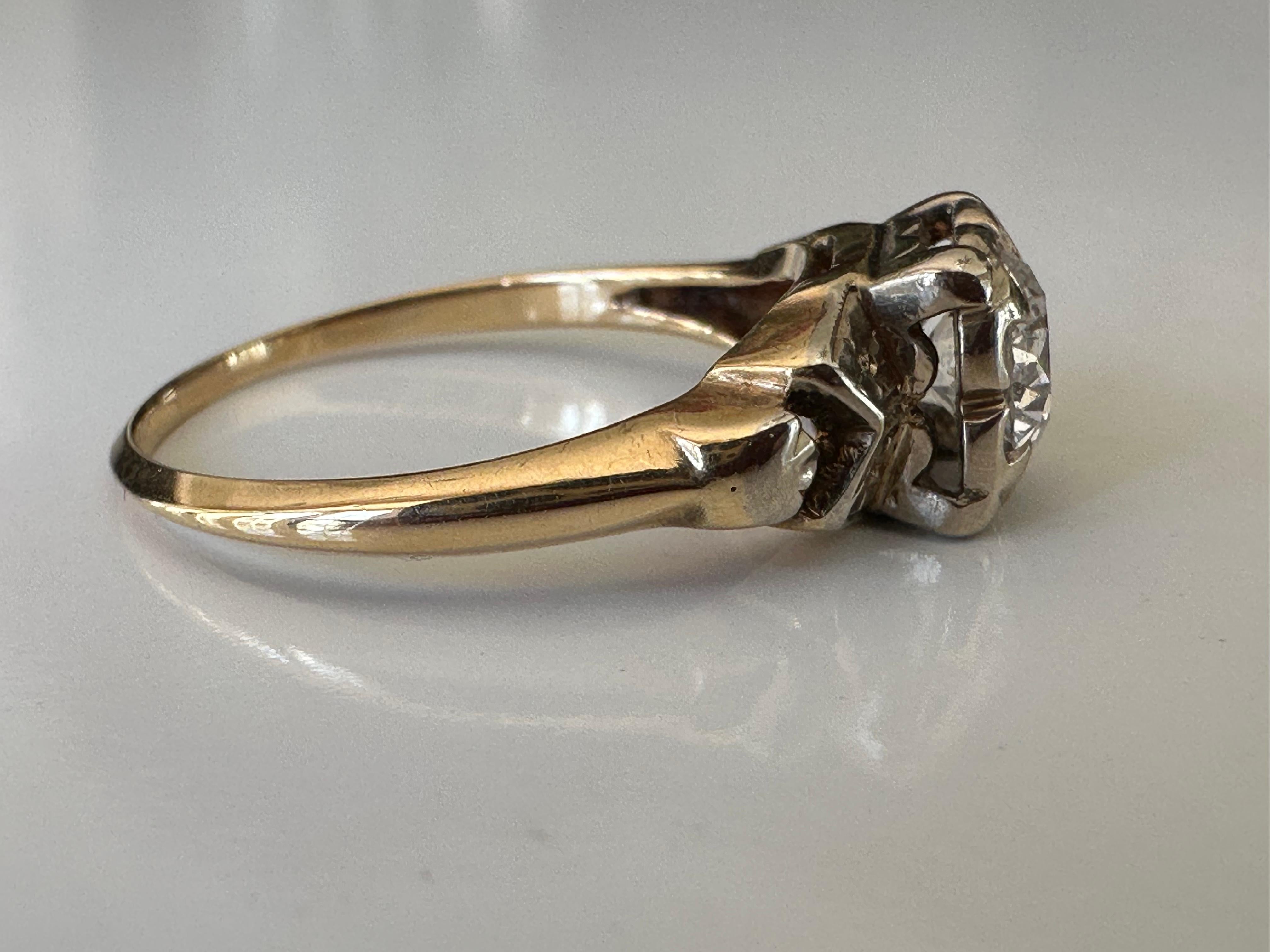 Old European Cut Midcentury Two Tone Solitaire Diamond Engagement Ring For Sale