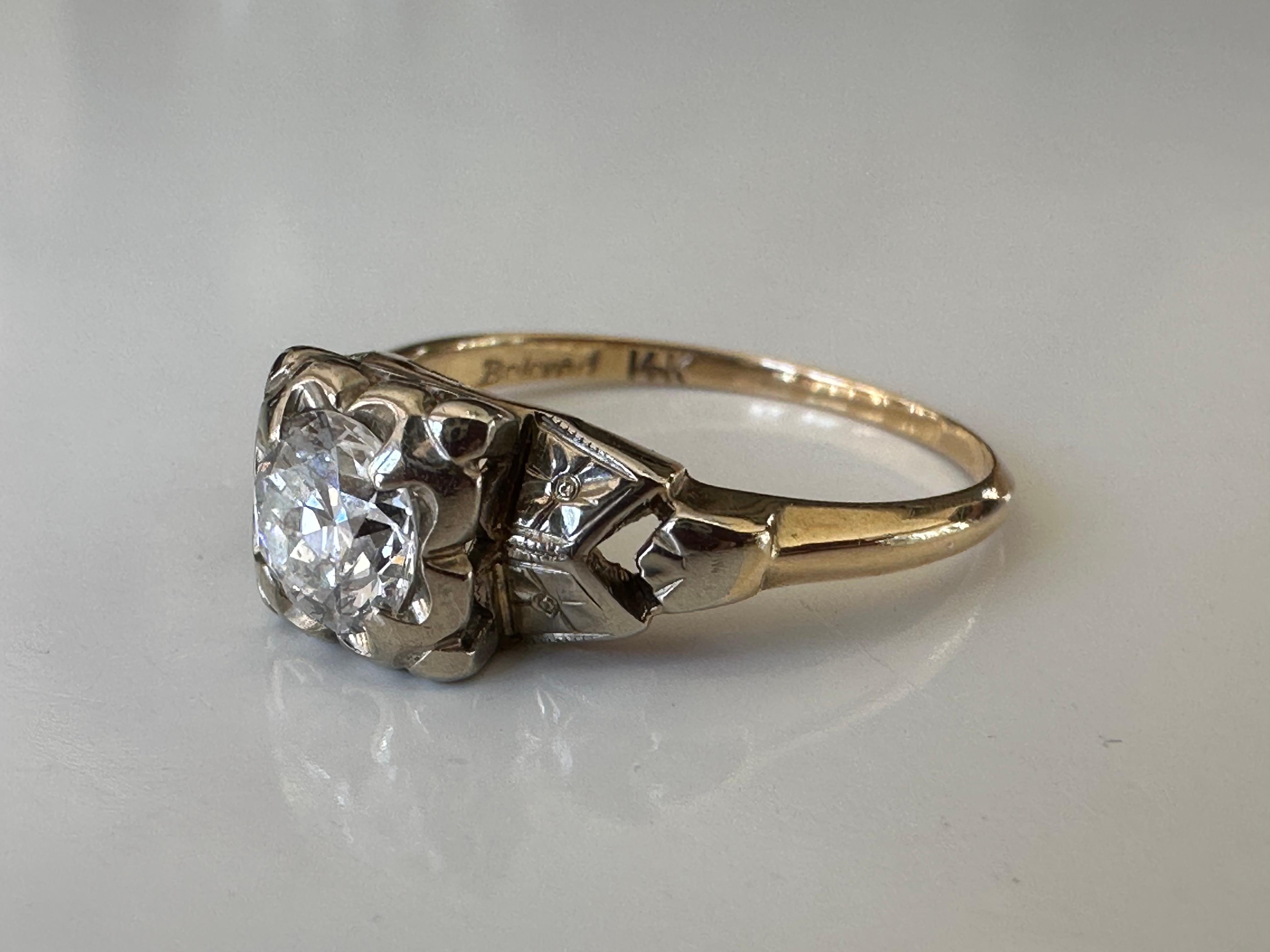 Midcentury Two Tone Solitaire Diamond Engagement Ring In Good Condition For Sale In Denver, CO