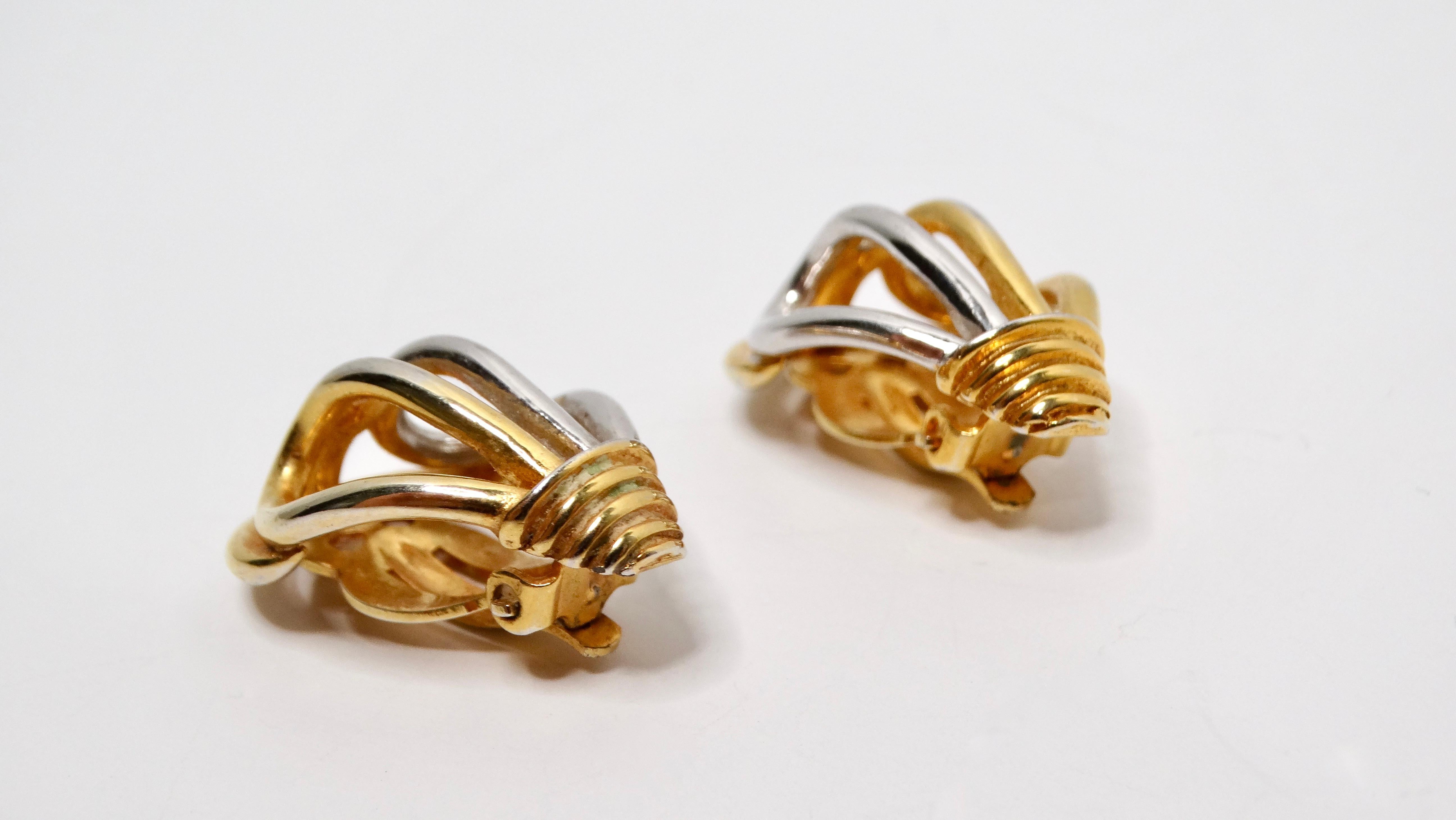 Mid-Century Two-Toned 18k Gold Plated Clip-On Earrings In Fair Condition For Sale In Scottsdale, AZ