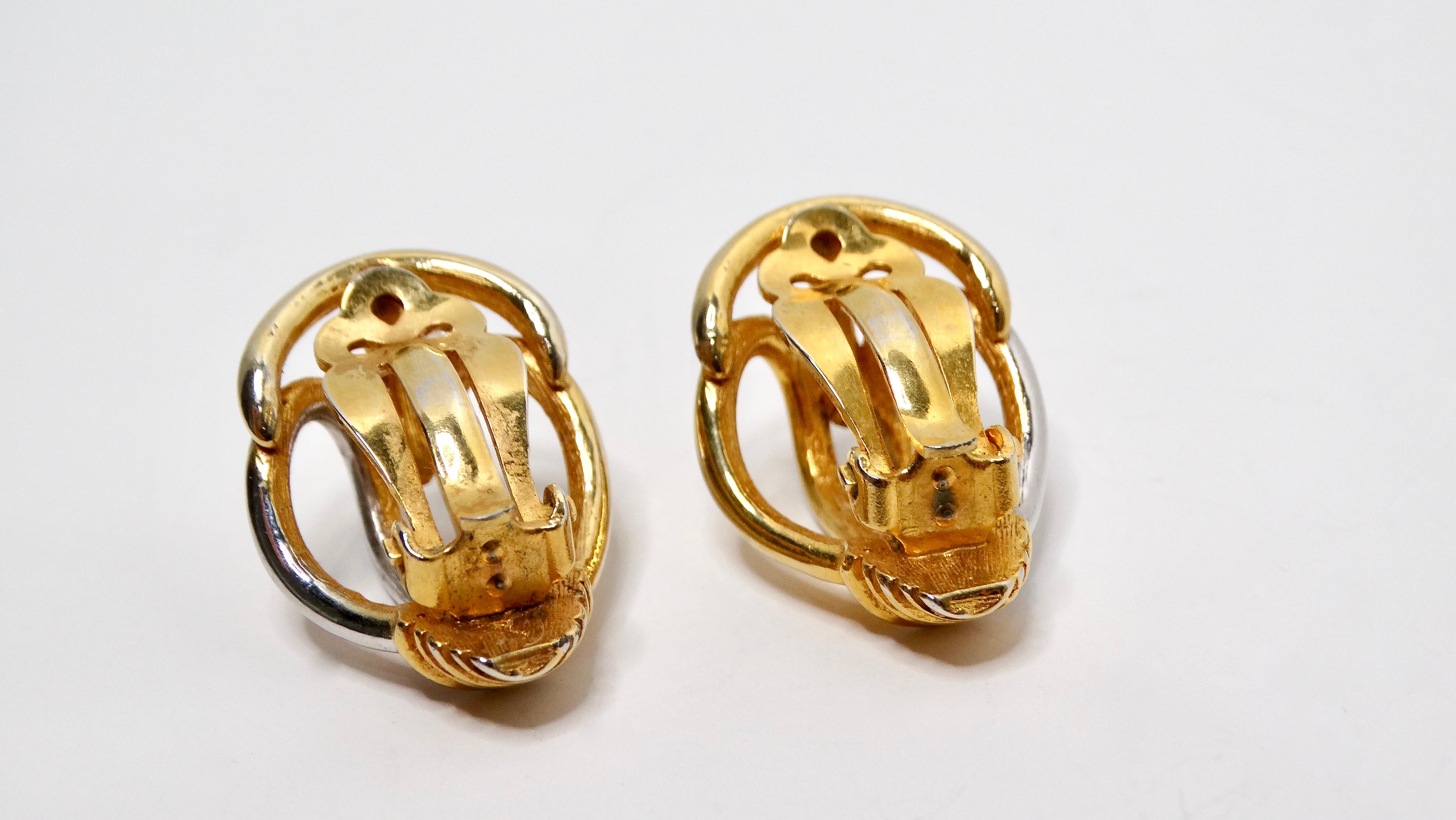 Women's Mid-Century Two-Toned 18k Gold Plated Clip-On Earrings For Sale
