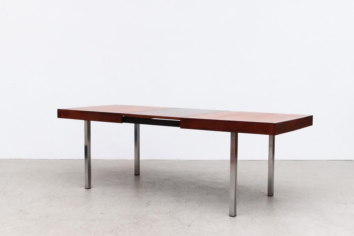 Late 20th Century Mid-Century Two Toned Dining Table with Split Chrome Legs and Leaf