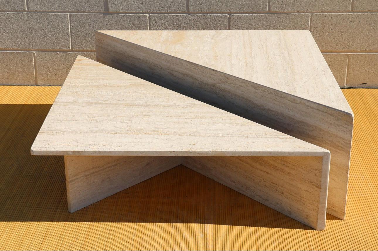 Mid-Century Modern Mid-Century Two Triangular Pieces Travertine Coffee Table