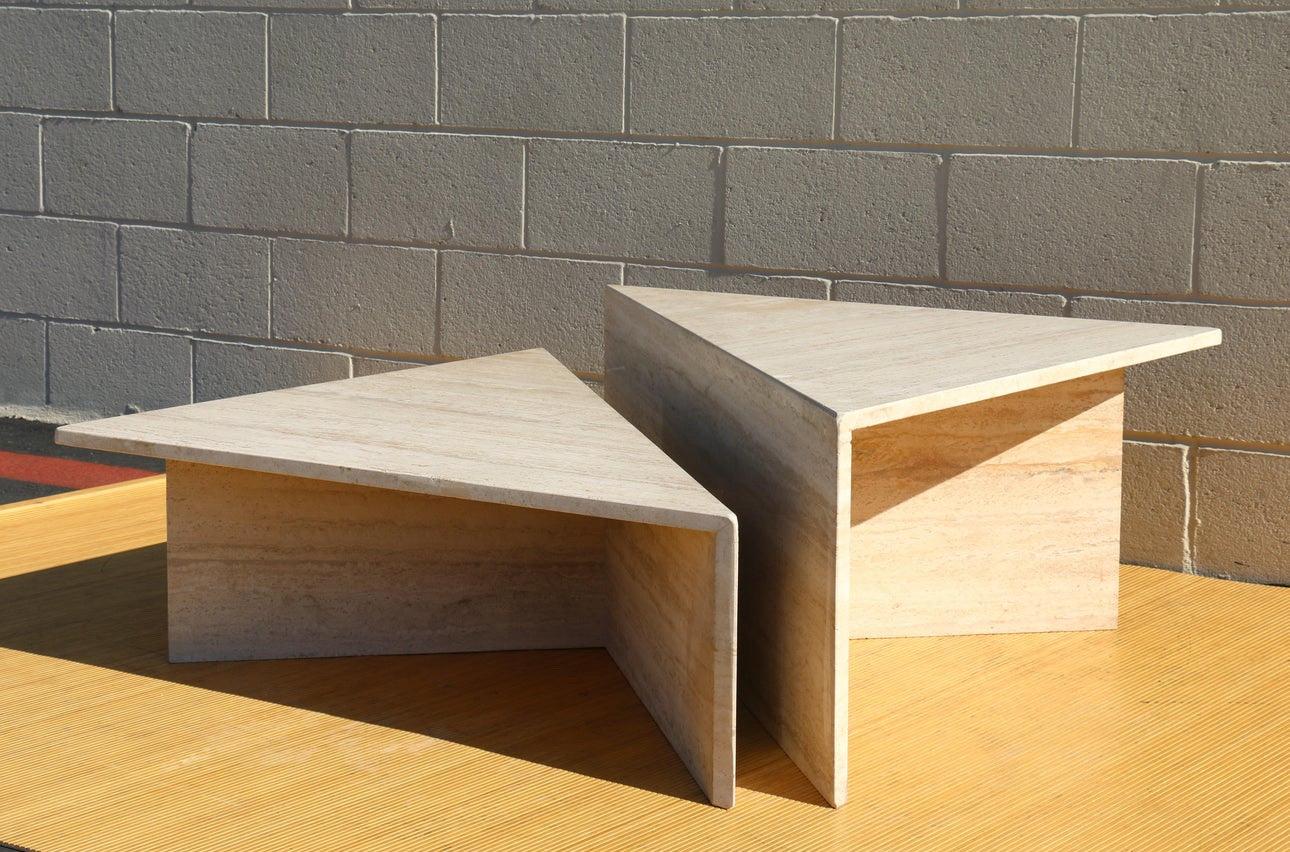 Italian Mid-Century Two Triangular Pieces Travertine Coffee Table
