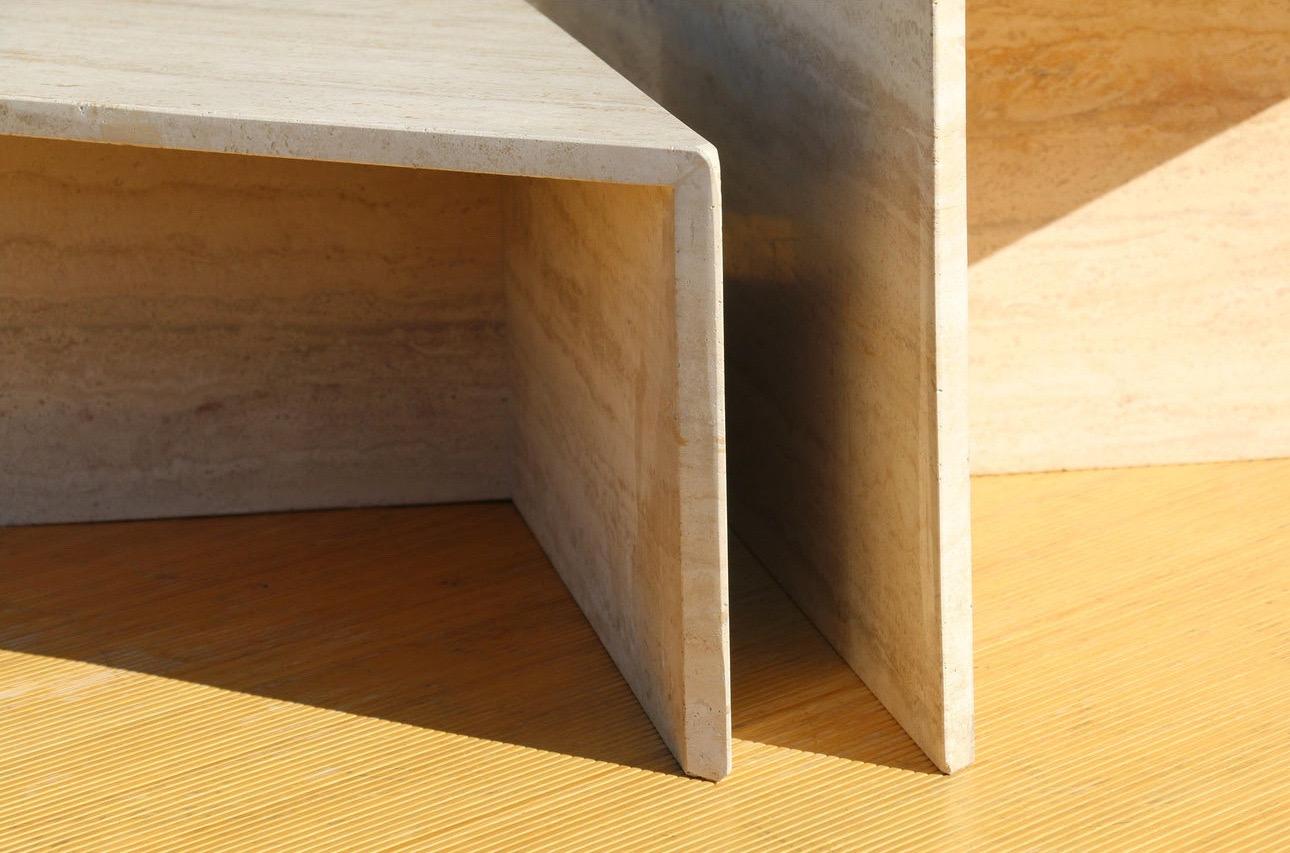Mid-Century Two Triangular Pieces Travertine Coffee Table In Good Condition In North Hollywood, CA