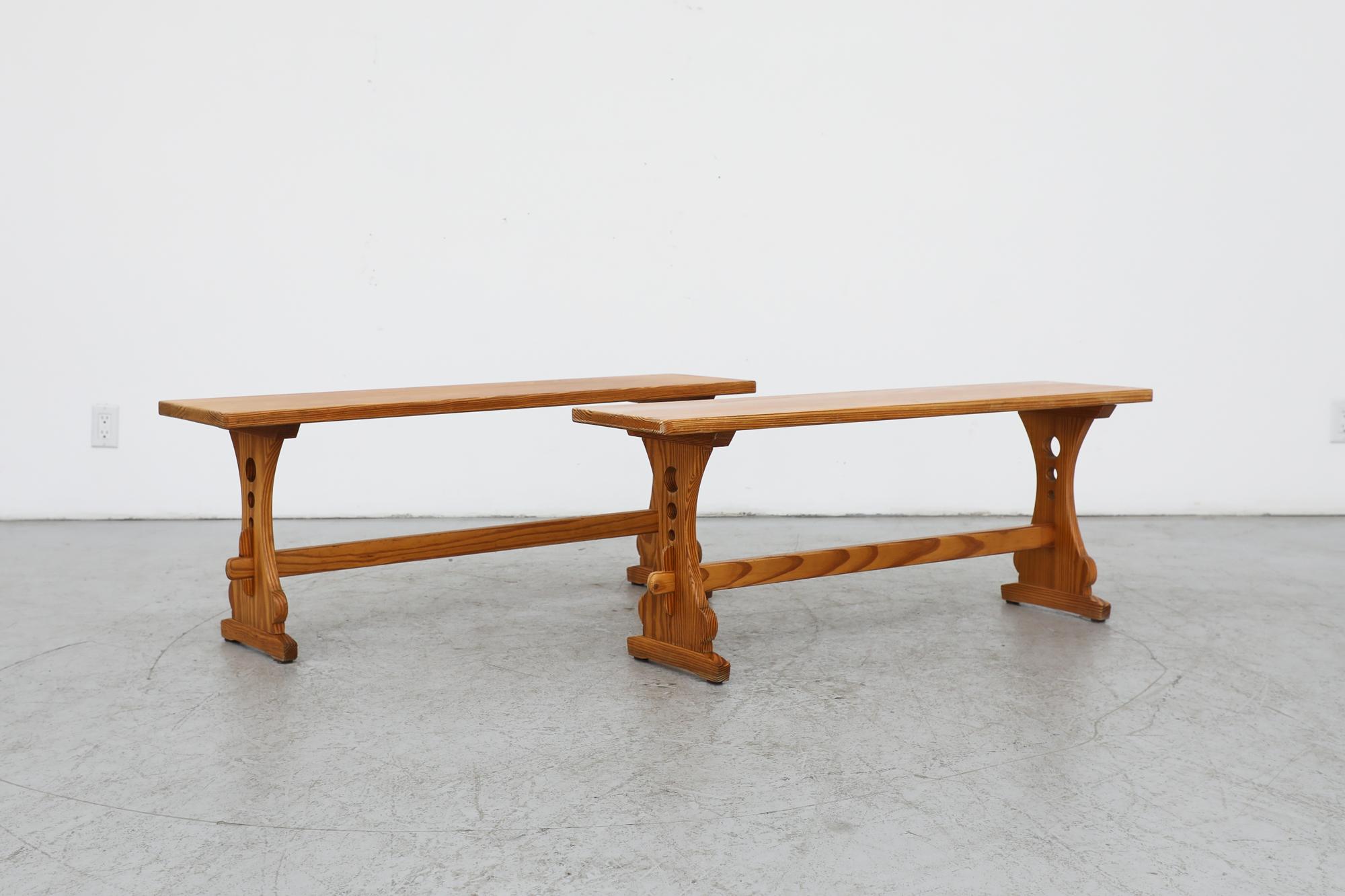 Mid-Century Tyrolean style pine benches. Also known as Swiss Mountain Chairs or Folk Chairs, this style was first employed as peasant furniture and was named after a historical region in Central Europe. The 19th-century designs originate from a