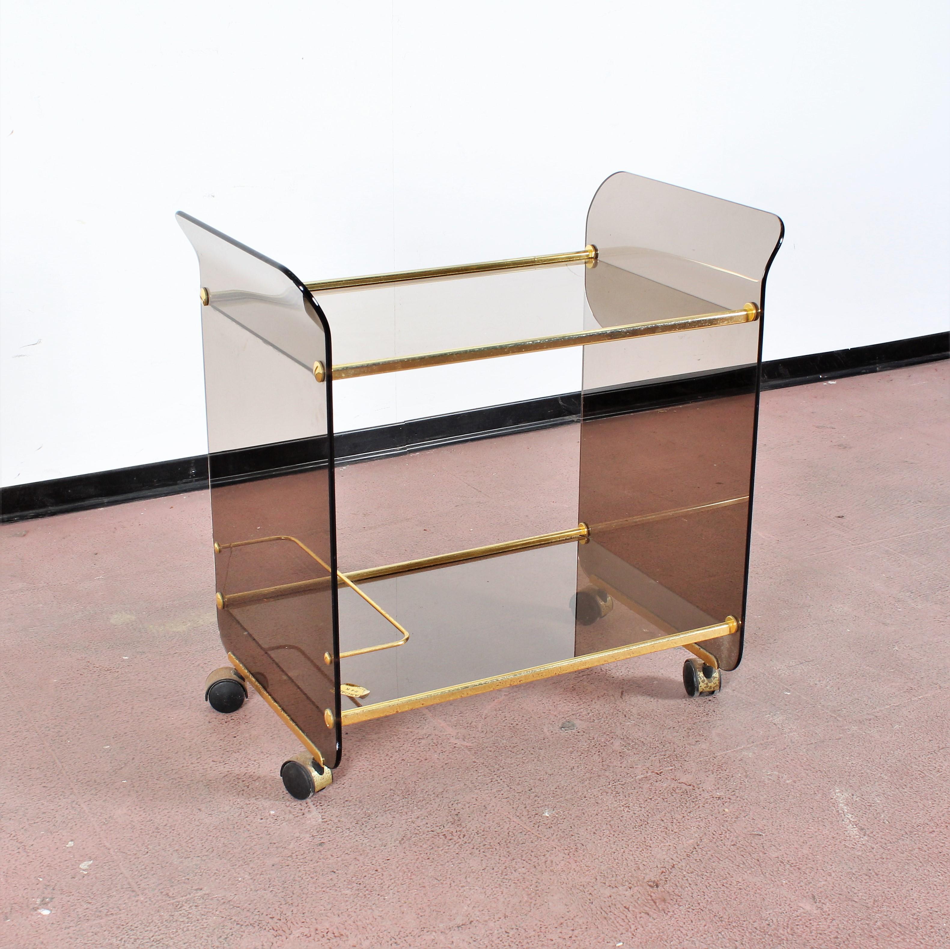 Midcentury U. Mascagni Curved Glass and Golden Brass Serving Bar Cart, Italy 3