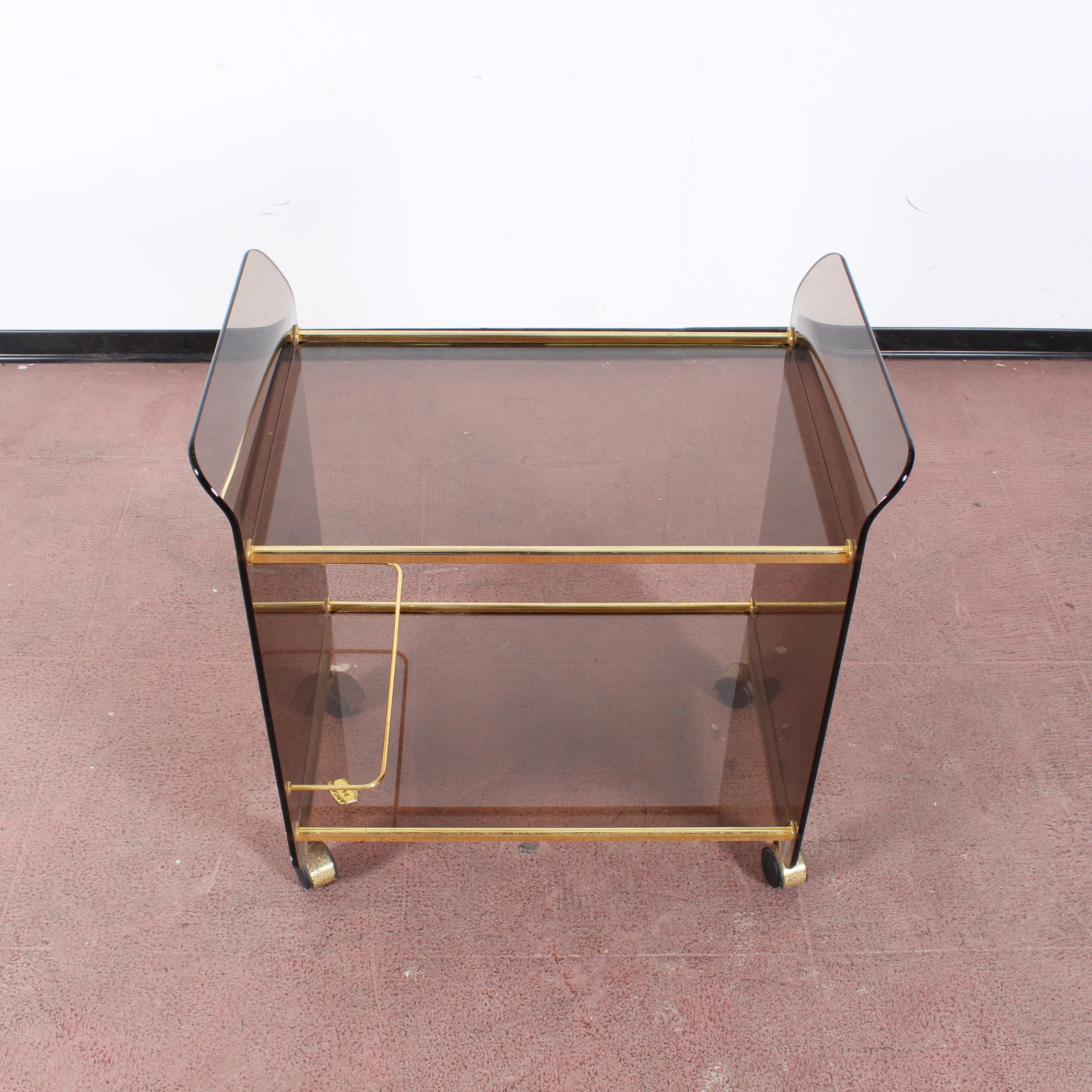 Midcentury U. Mascagni Curved Glass and Golden Brass Serving Bar Cart, Italy 12