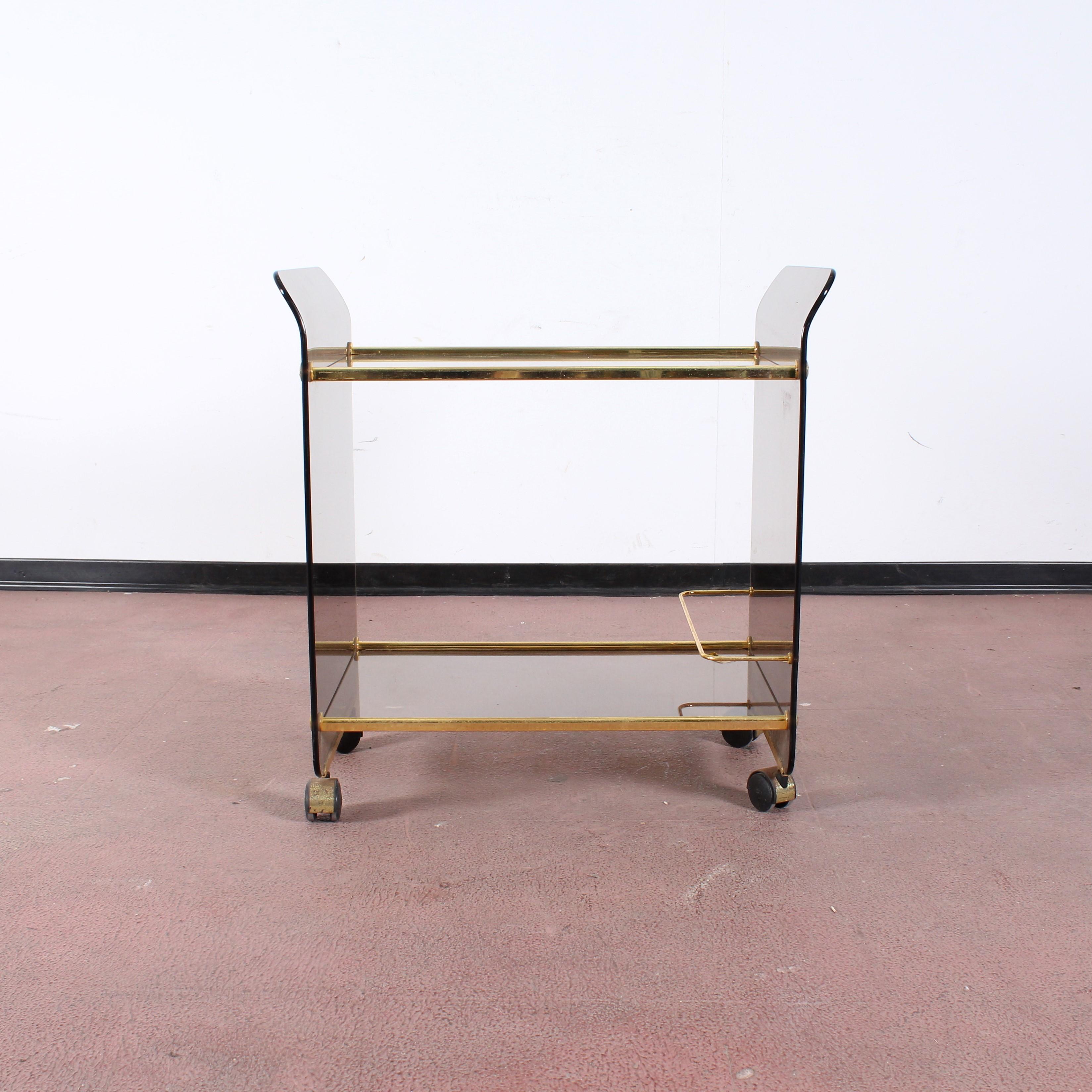 Mid-20th Century Midcentury U. Mascagni Curved Glass and Golden Brass Serving Bar Cart, Italy