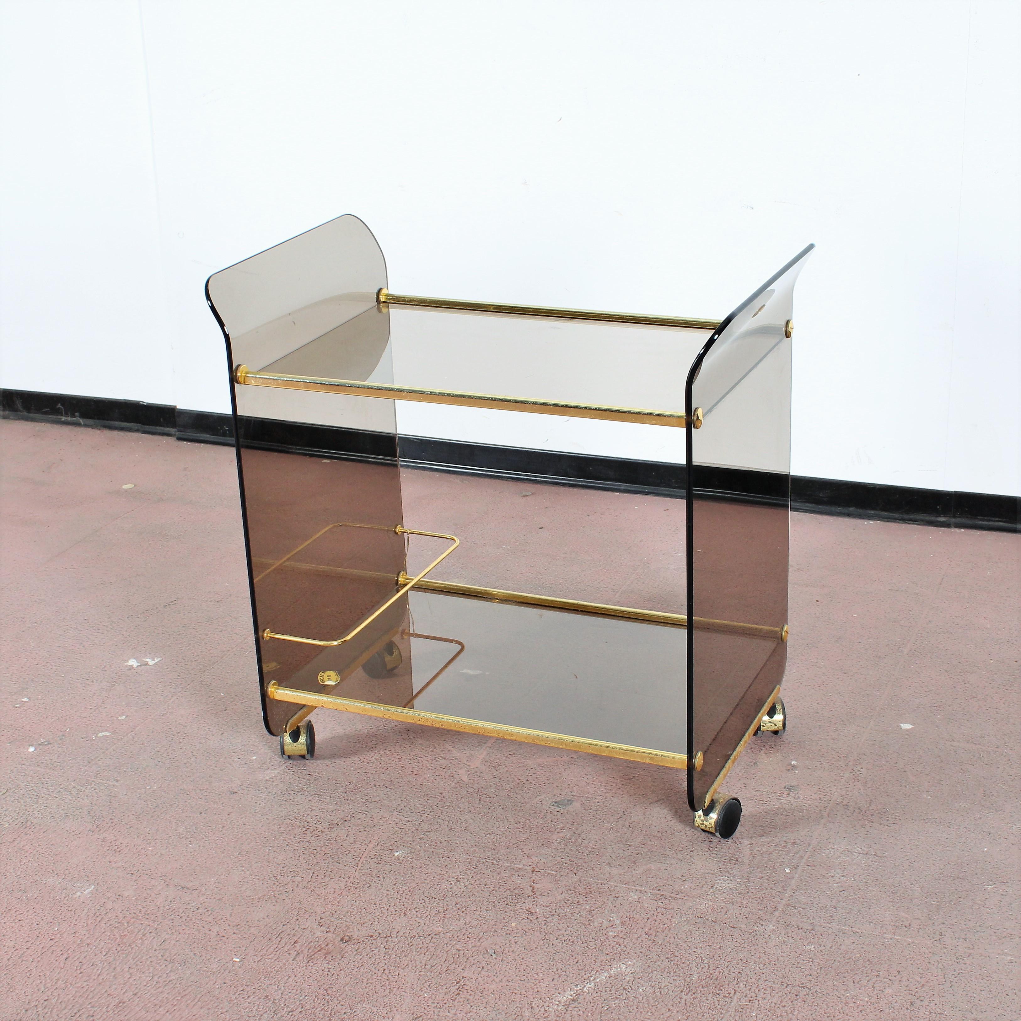 Midcentury U. Mascagni Curved Glass and Golden Brass Serving Bar Cart, Italy 2