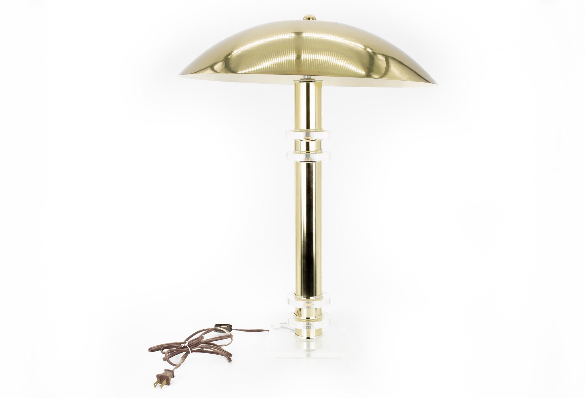 Mid-Century Modern Mid Century UFO Brass and Lucite Table Lamp with Aluminum Dome Shade For Sale