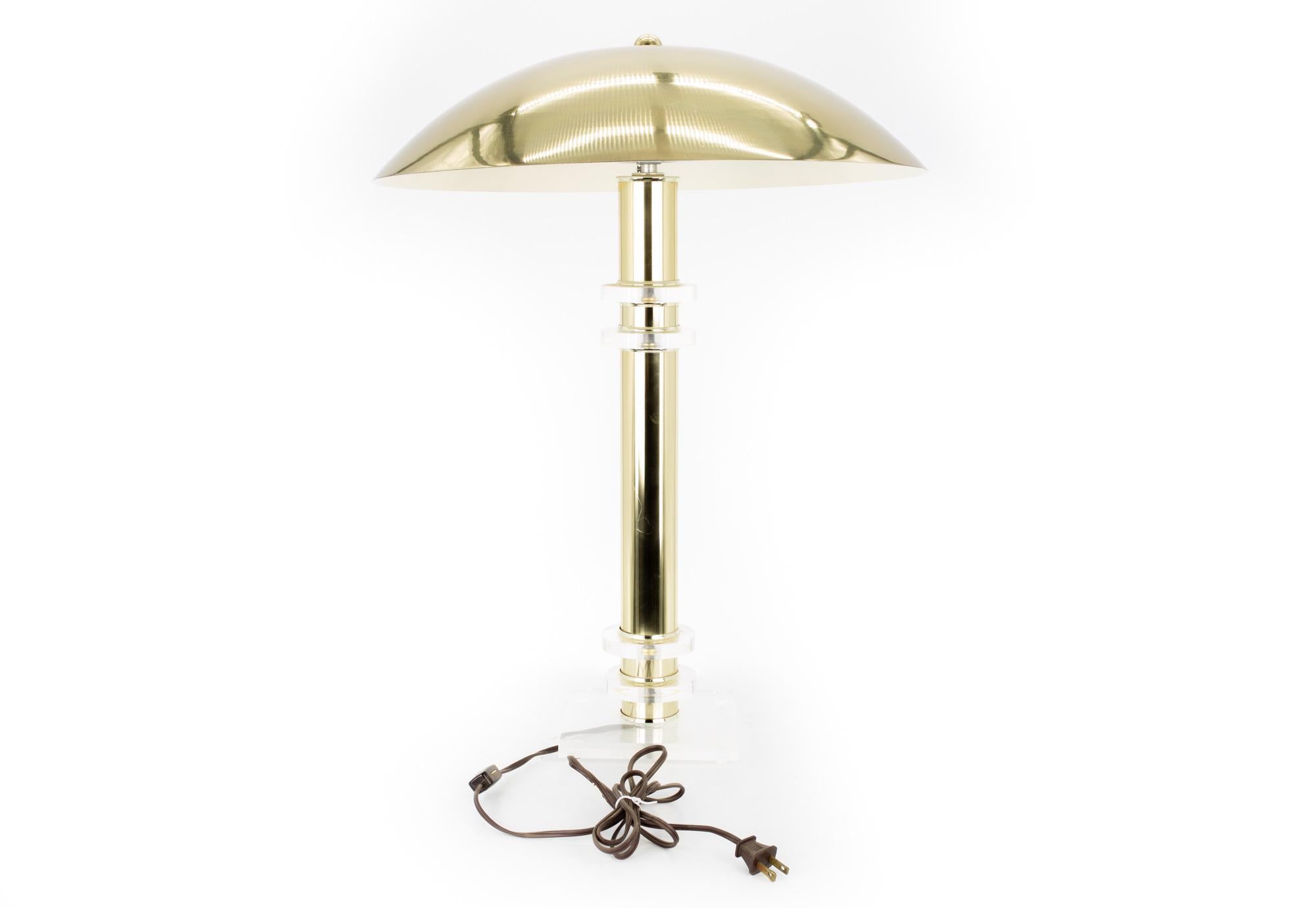American Mid Century UFO Brass and Lucite Table Lamp with Aluminum Dome Shade For Sale