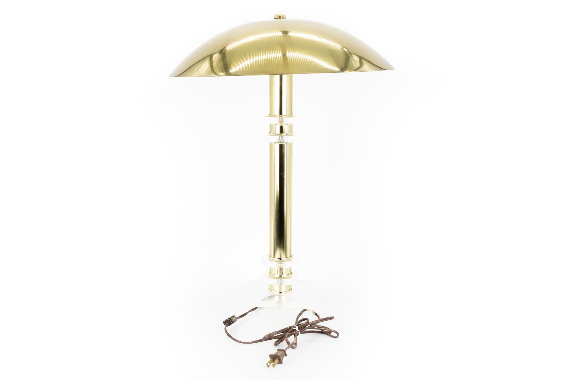 Mid Century UFO Brass and Lucite Table Lamp with Aluminum Dome Shade In Good Condition For Sale In Countryside, IL