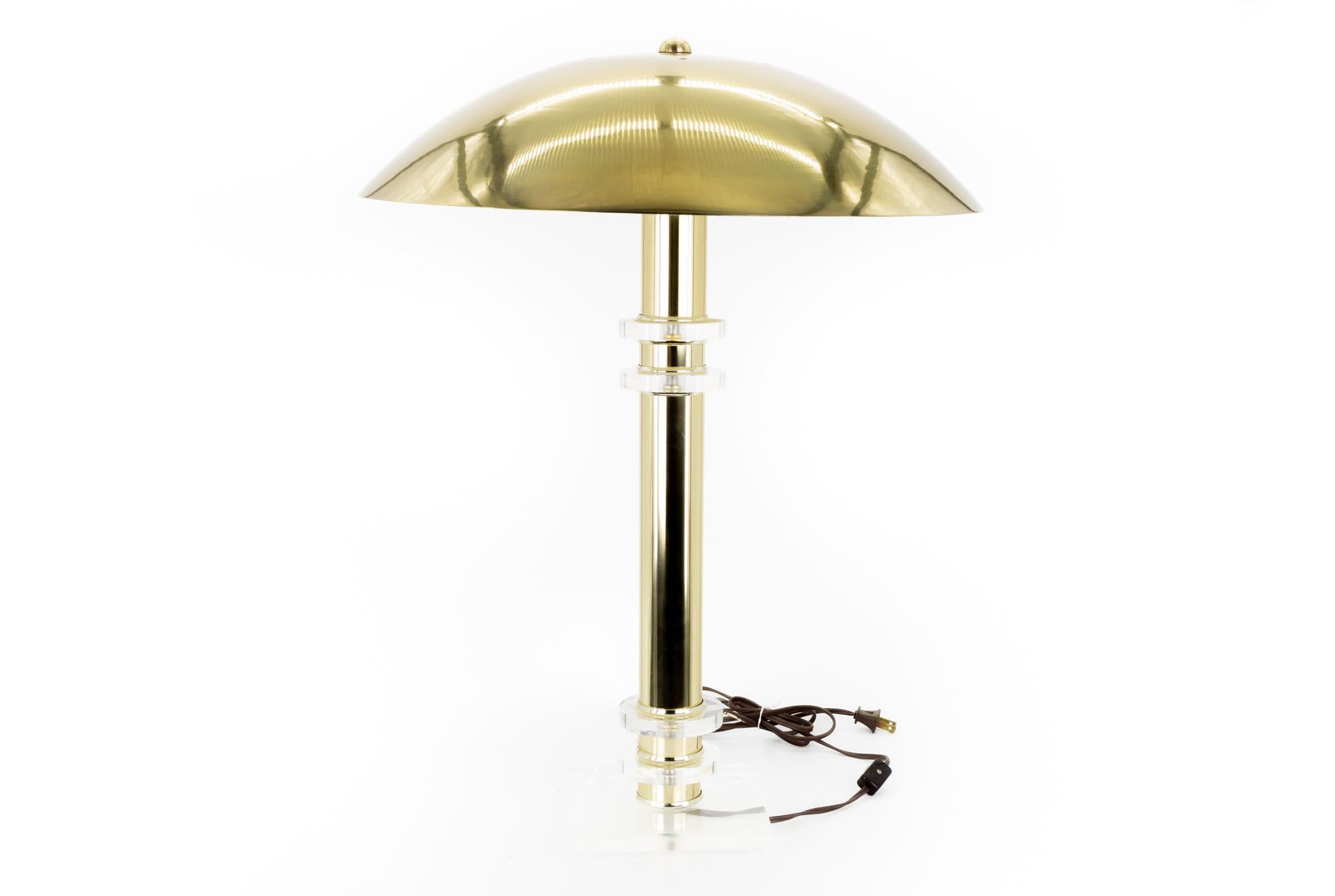 Late 20th Century Mid Century UFO Brass and Lucite Table Lamp with Aluminum Dome Shade For Sale