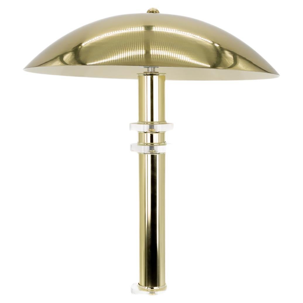 Mid Century UFO Brass and Lucite Table Lamp with Aluminum Dome Shade For Sale