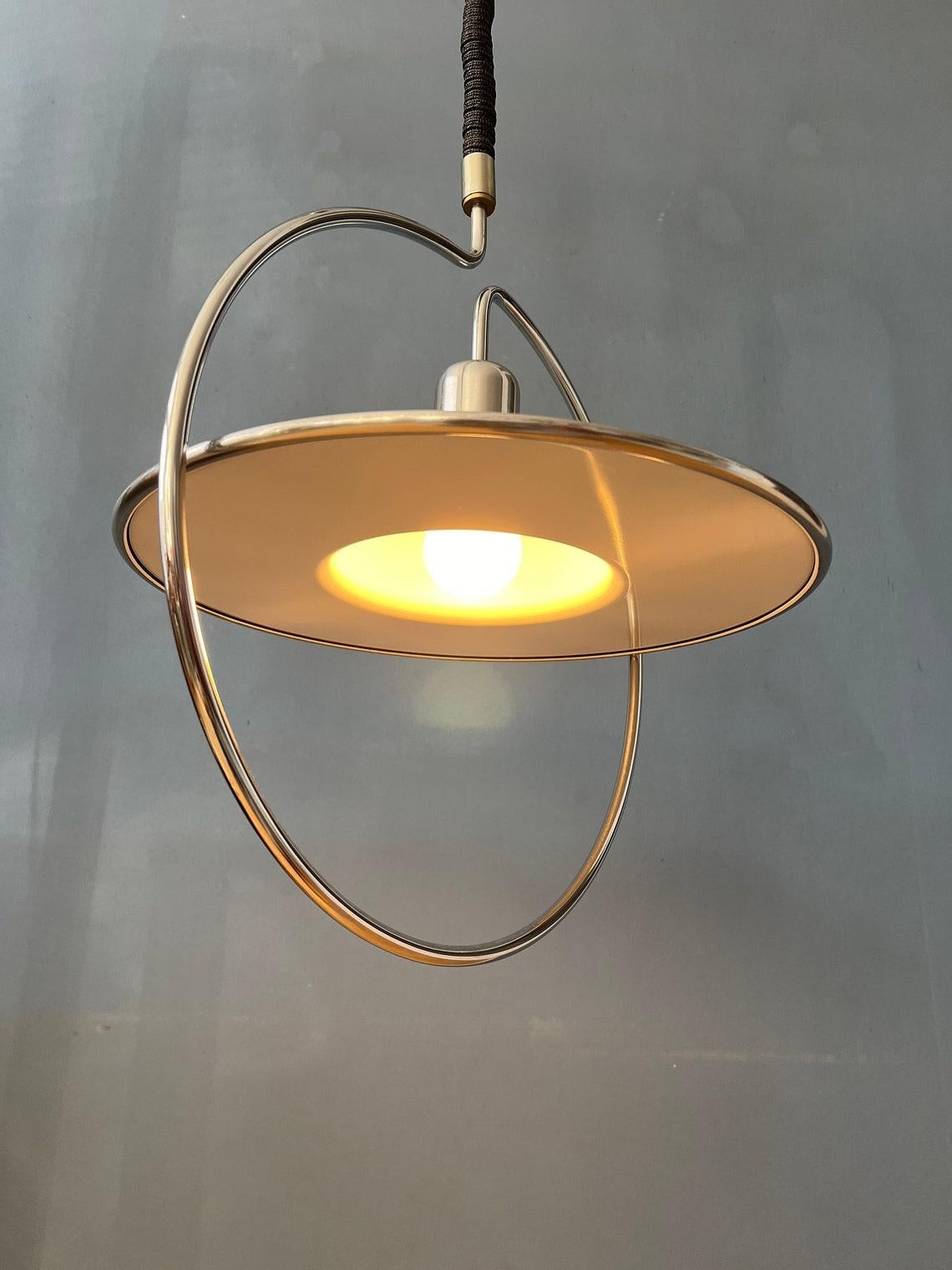 Mid Century UFO Pendant Lamp with Decorative Chrome Frame, 1970s In Excellent Condition For Sale In ROTTERDAM, ZH