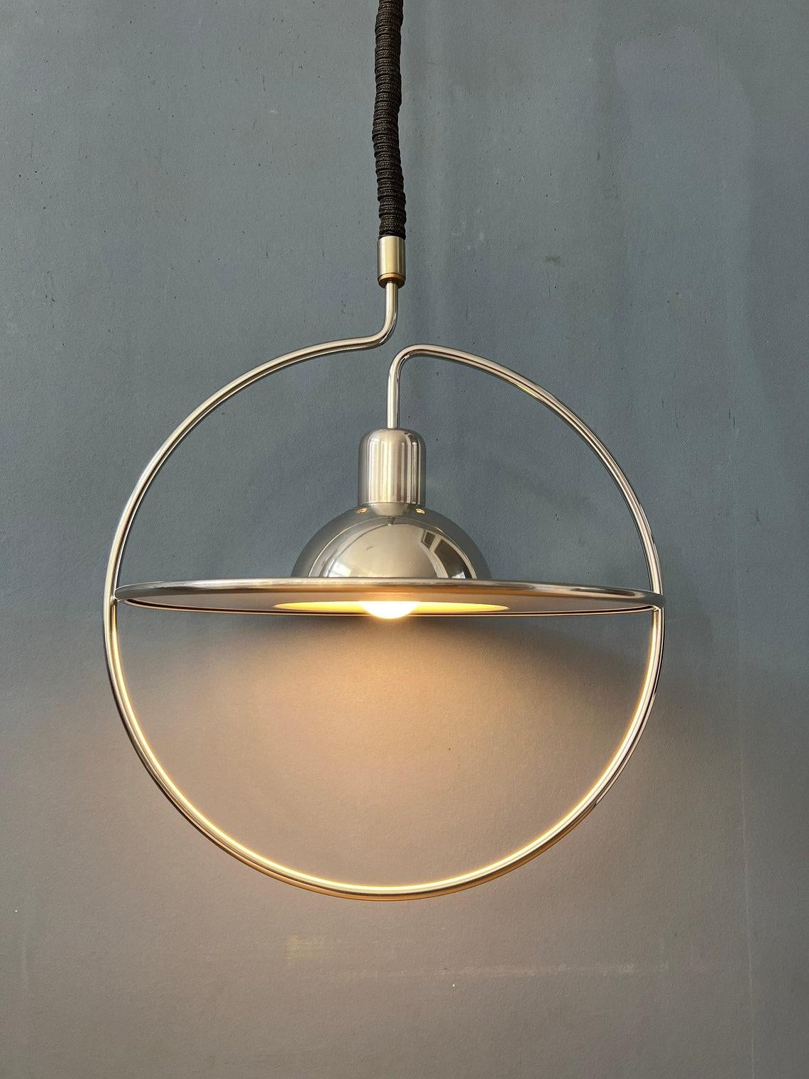 20th Century Mid Century UFO Pendant Lamp with Decorative Chrome Frame, 1970s For Sale