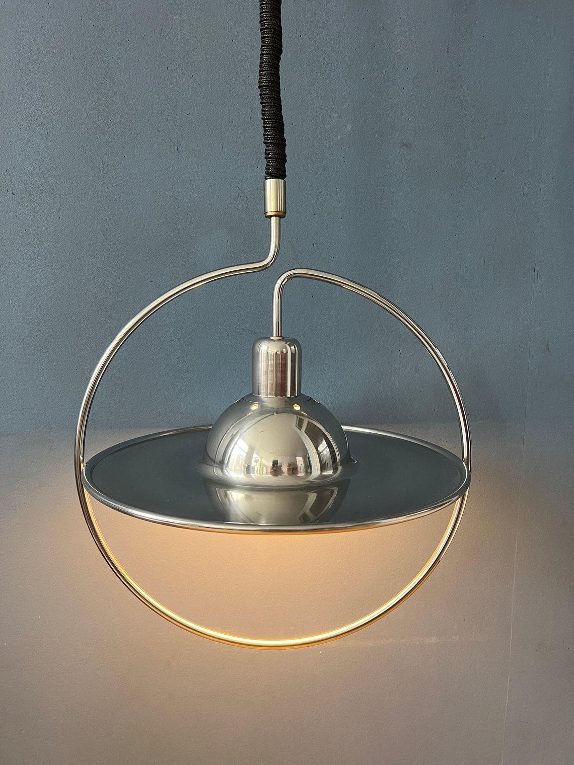 Metal Mid Century UFO Pendant Lamp with Decorative Chrome Frame, 1970s For Sale